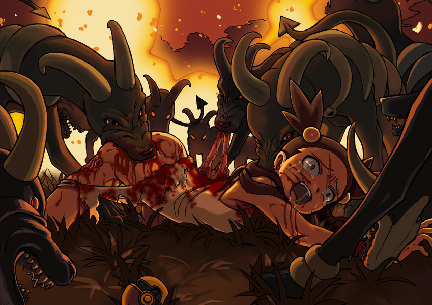 houndoom, mikan (pokemon), pokemon, bad end, biting, blood, eating, epic, fangs, fire, grass, guro, gym leader, hair bobbles, hair ornament, horns, intestines, night, open mouth, pain, poke ball, red eyes, torn clothes