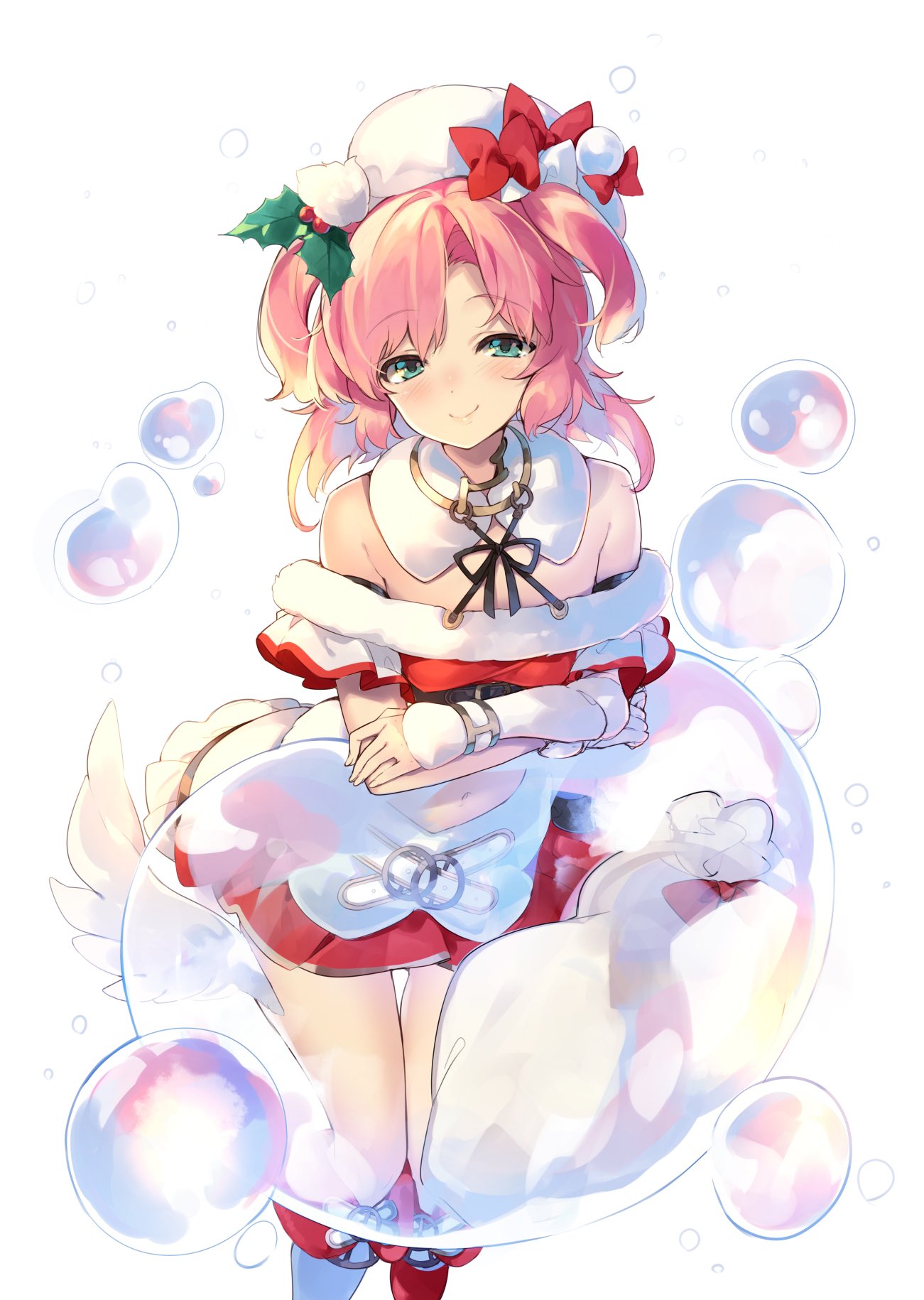 mayusaki yuu, tawil (wixoss), wixoss, highres, 1girl, aqua eyes, bow, bubble, closed mouth, crossed arms, feathered wings, gloves, hat, hat bow, leg wings, looking at viewer, medium hair, navel, pink hair, red bow, red skirt, santa costume, skirt, solo, two side up, white background, white gloves, white hat, white wings, wings