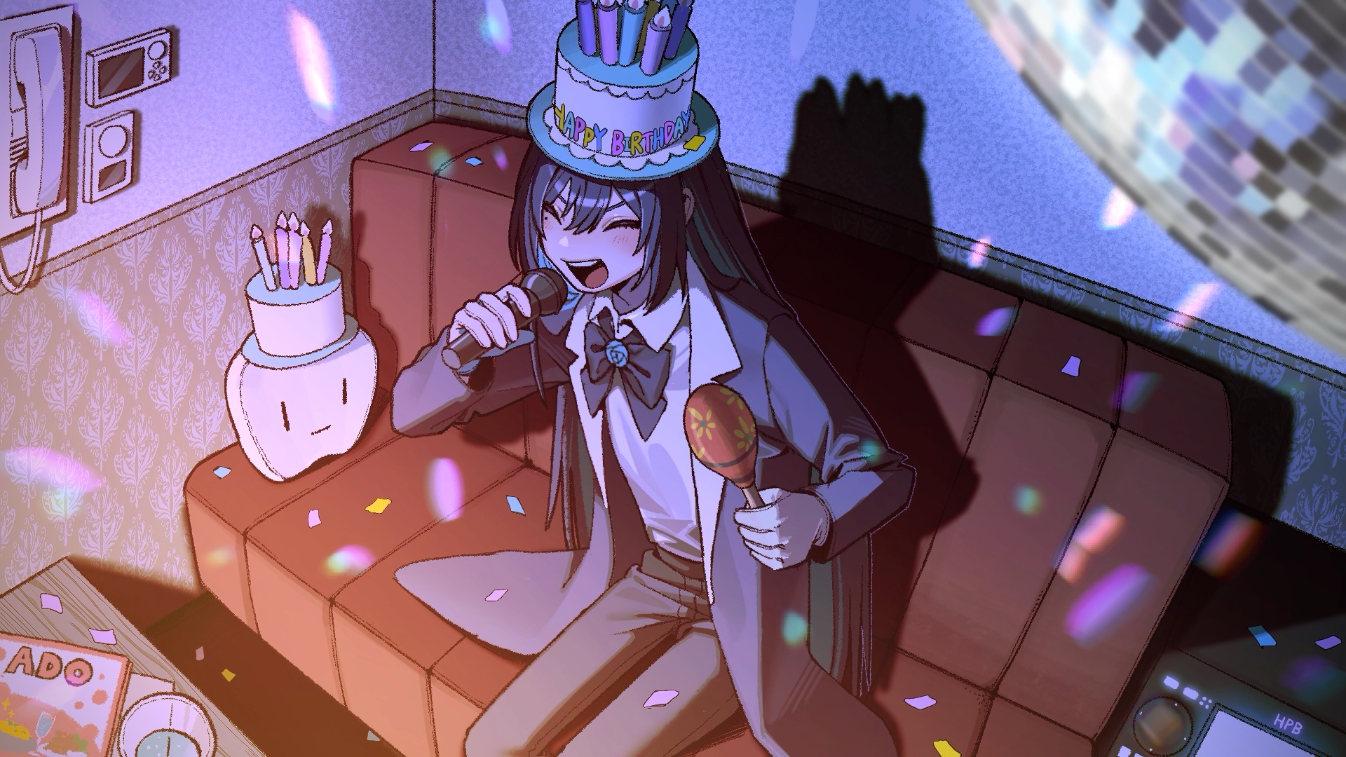 chando (ado), ado (utaite), artist request, highres, 1girl, black bow, black bowtie, black hair, black suit, bow, bowtie, cake hat, candle, closed eyes, collared shirt, colored inner hair, corded phone, couch, disco ball, formal clothes, gloves, ha-chan (ado), hair between eyes, happy, hat, holding, holding instrument, holding maracas, holding microphone, indoors, instrument, karaoke, long hair, maracas, microphone, mole, mole under eye, multicolored hair, music, open mouth, phone, shadow, shirt, singing, sitting, solo, suit, teeth, upper teeth only, white gloves, white shirt