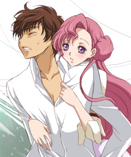 akina tsukako, euphemia li britannia, kururugi suzaku, code geass, 00s, blush, brown hair, closed eyes, donut hair bun, hair bun, long hair, pink hair, purple eyes