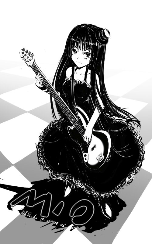 border468, akiyama mio, don't say "lazy", k-on!, 00s, 1girl, bass guitar, black hair, blunt bangs, dress, female focus, greyscale, guitar, hat, hime cut, instrument, long hair, mini hat, mini top hat, monochrome, solo, top hat