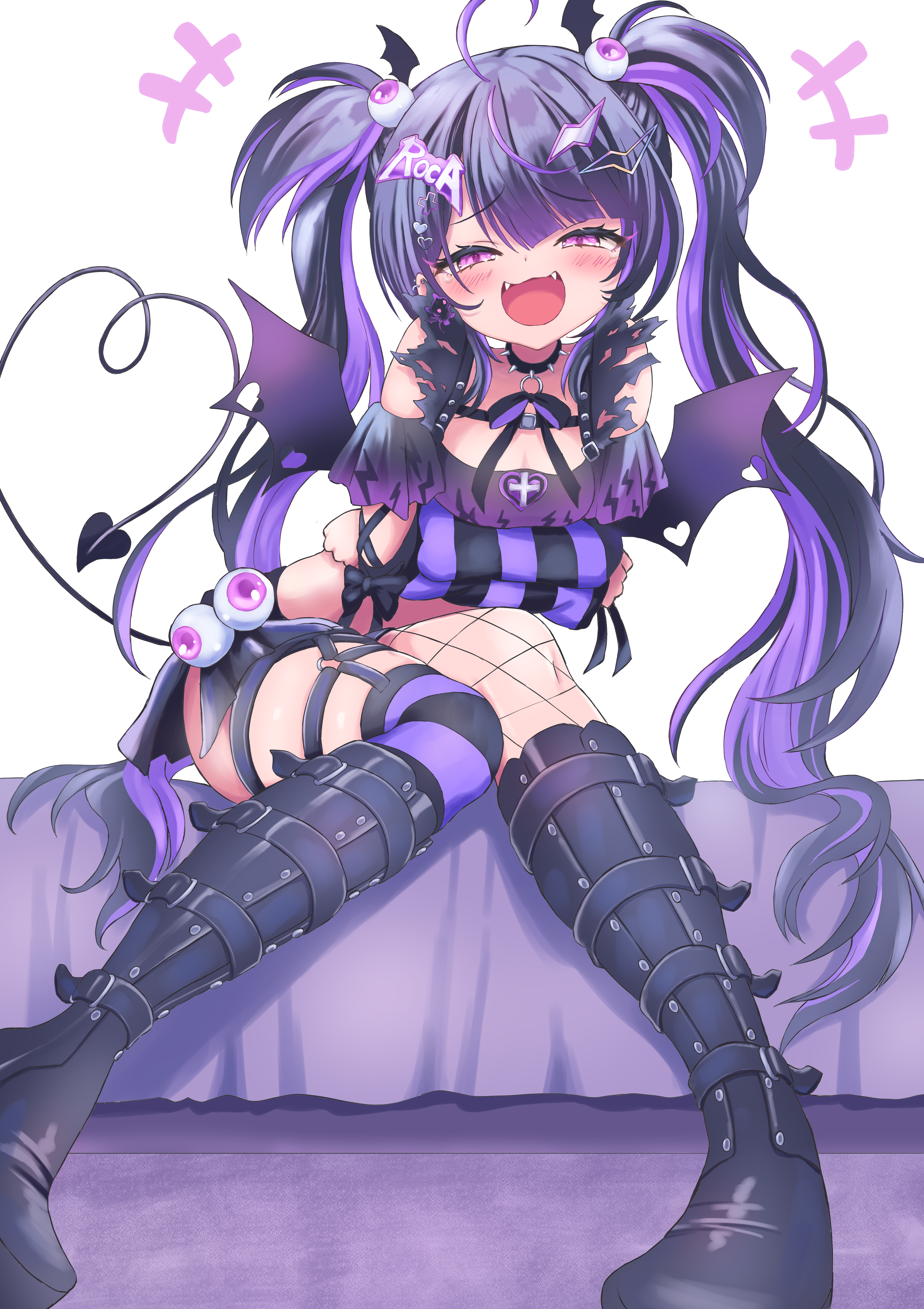 ofuchobetto shirai, roca rourin (vtuber), chromashift, absurdres, highres, 1girl, ahoge, bat hair ornament, black arm warmers, black boots, black hair, black thighhighs, blush, boots, demon girl, demon tail, demon wings, fangs, fishnet thighhighs, fishnets, hair ornament, long hair, looking at viewer, multicolored hair, open mouth, purple arm warmers, purple eyes, purple hair, smile, solo, streaked hair, striped clothes, striped thighhighs, tail, thigh strap, thighhighs, very long hair, virtual youtuber, wings
