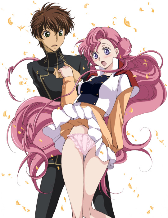 akina tsukako, euphemia li britannia, kururugi suzaku, code geass, 00s, blush, donut hair bun, embarrassed, hair bun, holding hands, long hair, panties, pink hair, purple eyes, surprised, underwear, wind, wind lift