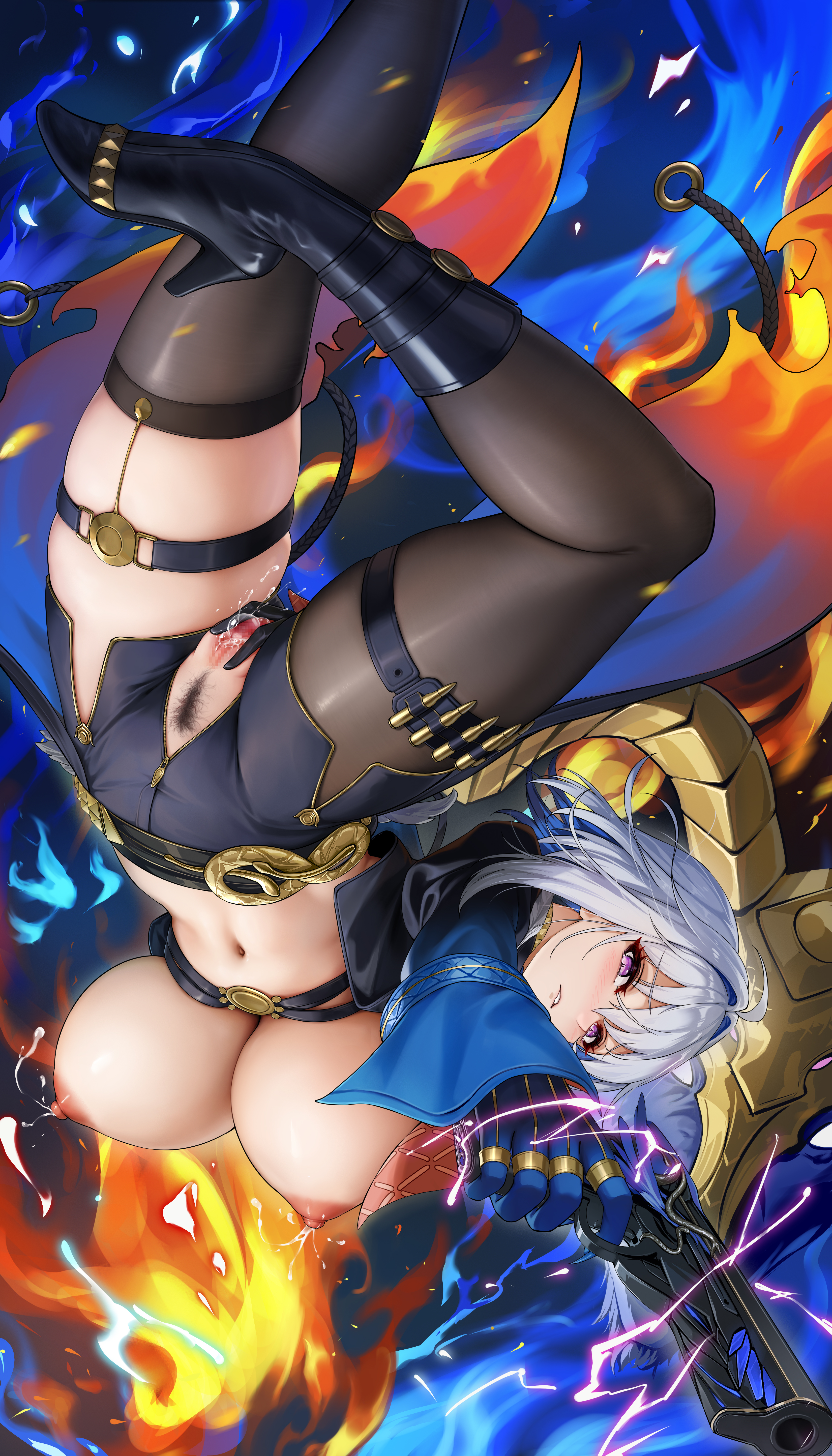 niliu chahui, galbrena (wuthering waves), wuthering waves, absurdres, commentary request, highres, paid reward available, partial commentary, 1girl, aiming, aiming at viewer, black boots, black gloves, black jacket, black pantyhose, black shorts, black thighhighs, boots, breasts, censored, chimera (wuthering waves), cropped jacket, electricity, female pubic hair, gloves, grey hair, gun, high heel boots, high heels, holding, holding gun, holding weapon, jacket, large breasts, medium hair, mosaic censoring, navel, nipples, pantyhose, pubic hair, purple eyes, pussy, shorts, single leg pantyhose, single thighhigh, solo, spread pussy, spreading own pussy, stomach, tacet discord (wuthering waves), thigh strap, thighhighs, upside-down, weapon