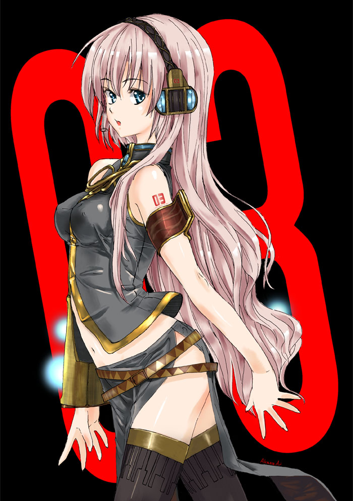 akasaai, megurine luka, vocaloid, bad id, bad pixiv id, 1girl, aqua eyes, belt, black skirt, breasts, female focus, from side, headphones, headset, long hair, long skirt, medium breasts, midriff, pink hair, side slit, skirt, solo, tattoo, thighhighs