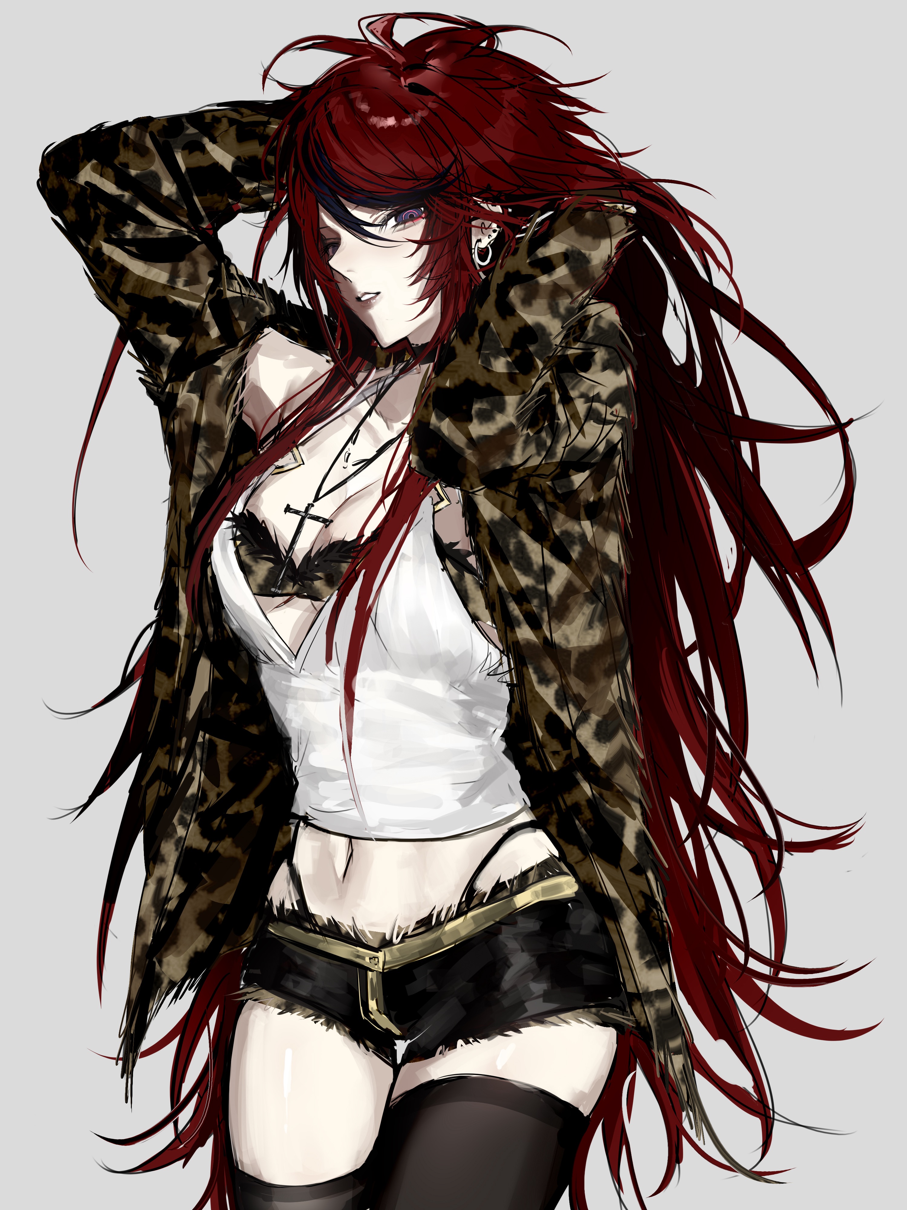sumino takumi, the hundred line -last defense academy-, absurdres, chinese commentary, commentary request, highres, 1girl, adjusting hair, ahoge, alternate costume, arms up, black streaks, black thighhighs, blue eyes, bra, breasts, camisole, camouflage, camouflage bra, camouflage jacket, cleavage, cowboy shot, cross, cross necklace, genderswap, genderswap (mtf), grey background, jacket, jewelry, large breasts, long hair, looking at viewer, midriff, multicolored hair, navel, necklace, oblivion (feiwufeiwumobai), open clothes, open jacket, parted lips, red hair, ringed eyes, short shorts, shorts, simple background, solo, streaked hair, thighhighs, underwear, very long hair, white camisole