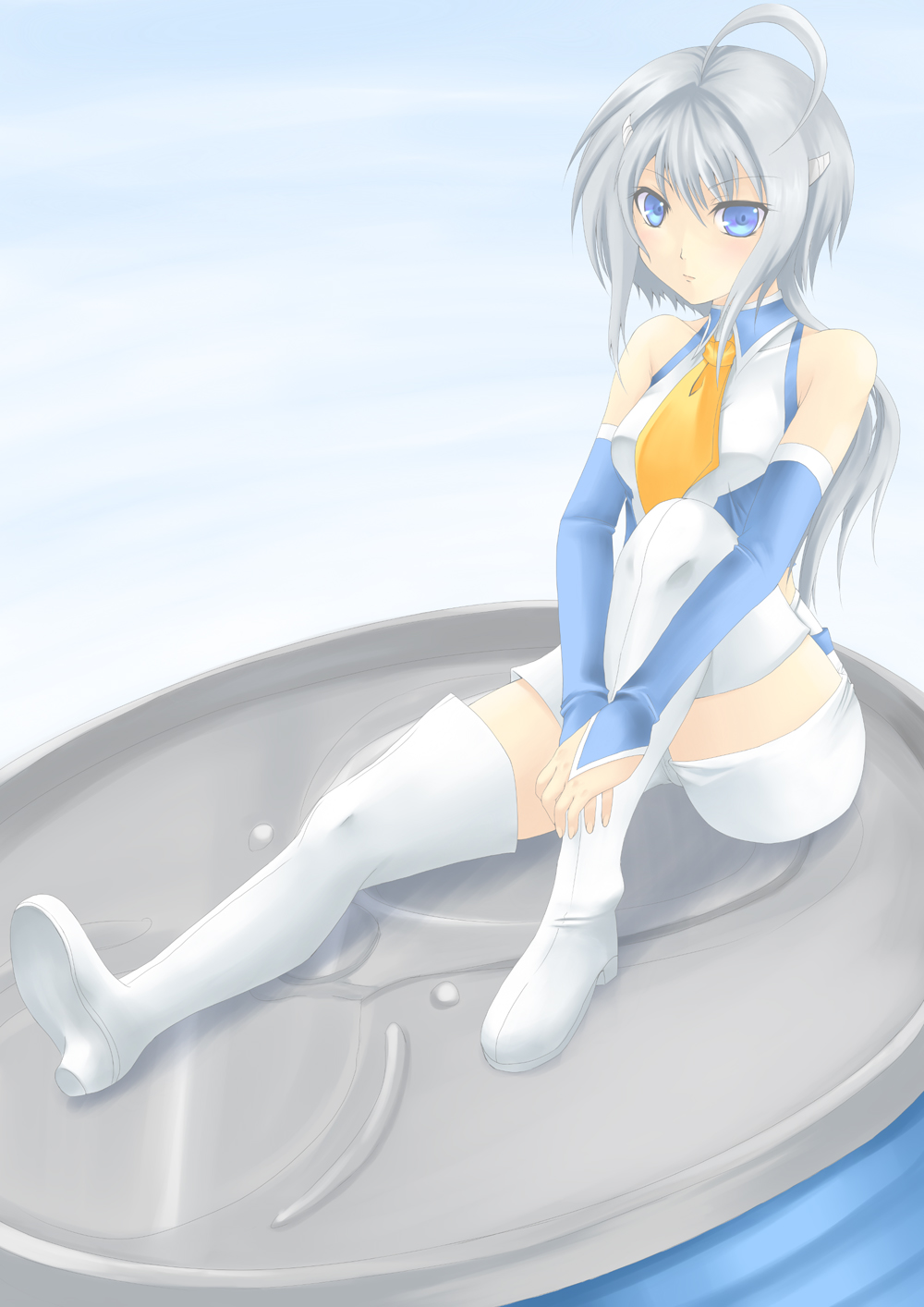 yell, akikan!, silver hair, highres, 00s, ahoge, blue eyes, boots, can, elbow gloves, gloves, hair ornament, hairclip, halterneck, hugging own legs, long hair, mini person, minigirl, necktie, shorts, sitting, solo