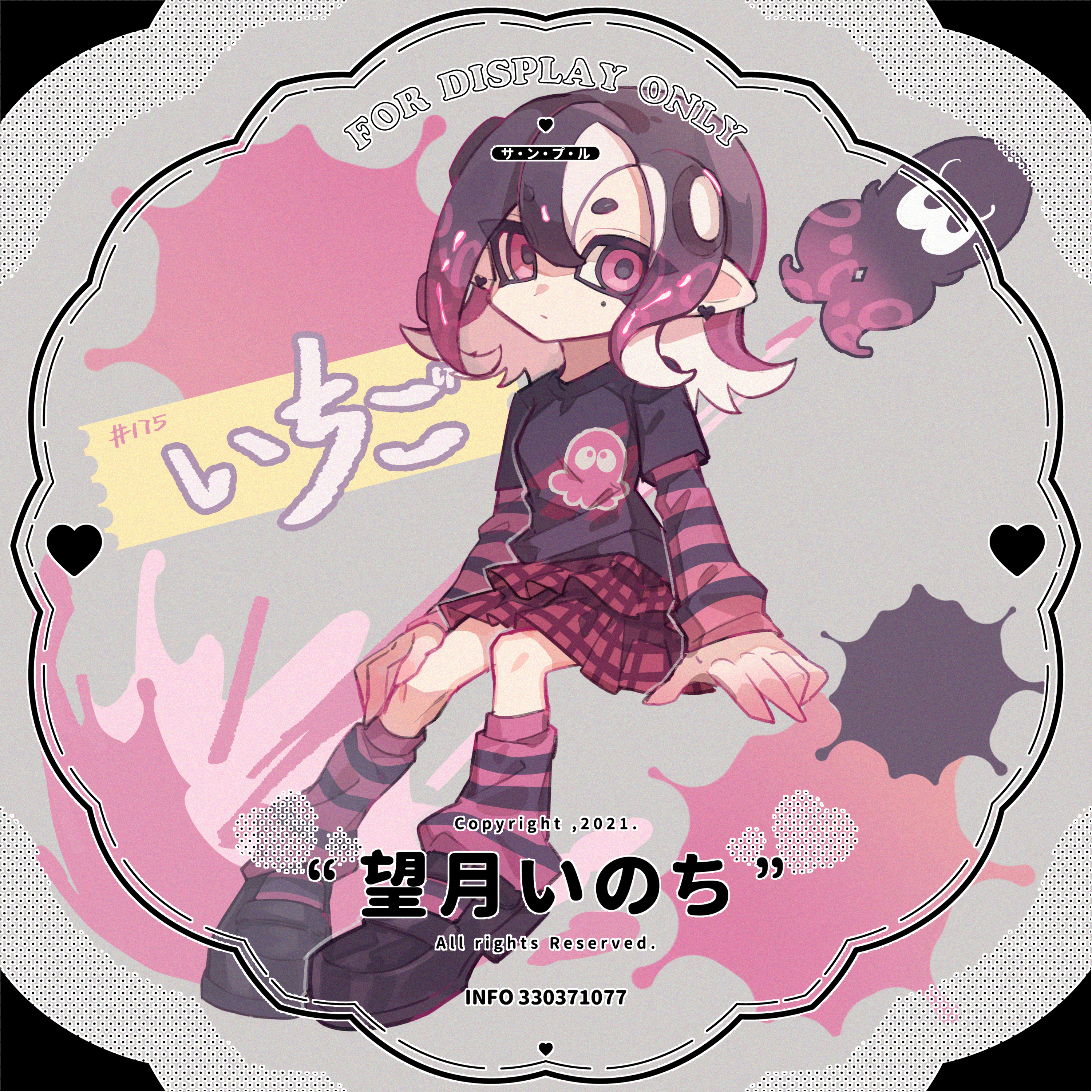 mochizuki inochi, inkling girl, inkling player character, nintendo, splatoon (series), absurdres, highres, 1girl, artist name, black shirt, black shoes, brown hair, closed mouth, double-parted bangs, full body, grey background, hair between eyes, inkling, looking at viewer, loose socks, mole, mole under eye, multicolored hair, plaid clothes, plaid skirt, pleated skirt, pointy ears, purple eyes, purple hair, purple socks, red skirt, shirt, shoes, short hair, skirt, socks, solo, striped clothes, striped sleeves, striped socks, tentacle hair, thick eyebrows, two-tone hair, watermark