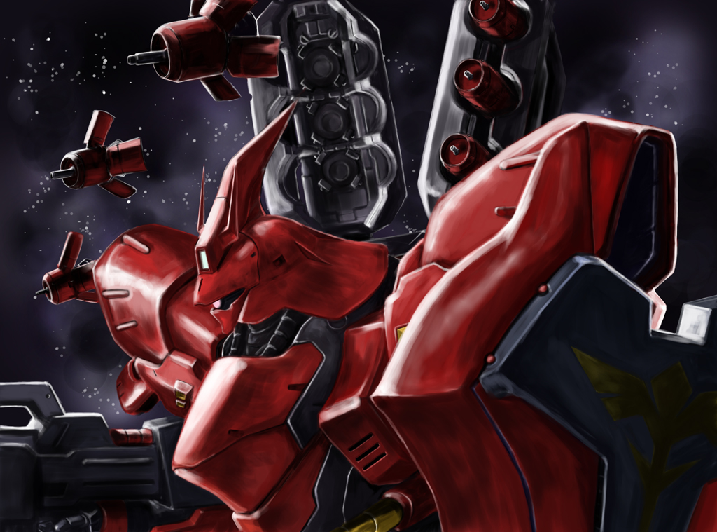 anzai yousitirou, sazabi, char's counterattack, gundam, beam rifle, energy gun, funnels (gundam), gun, mecha, no humans, robot, shield, solo, space, weapon