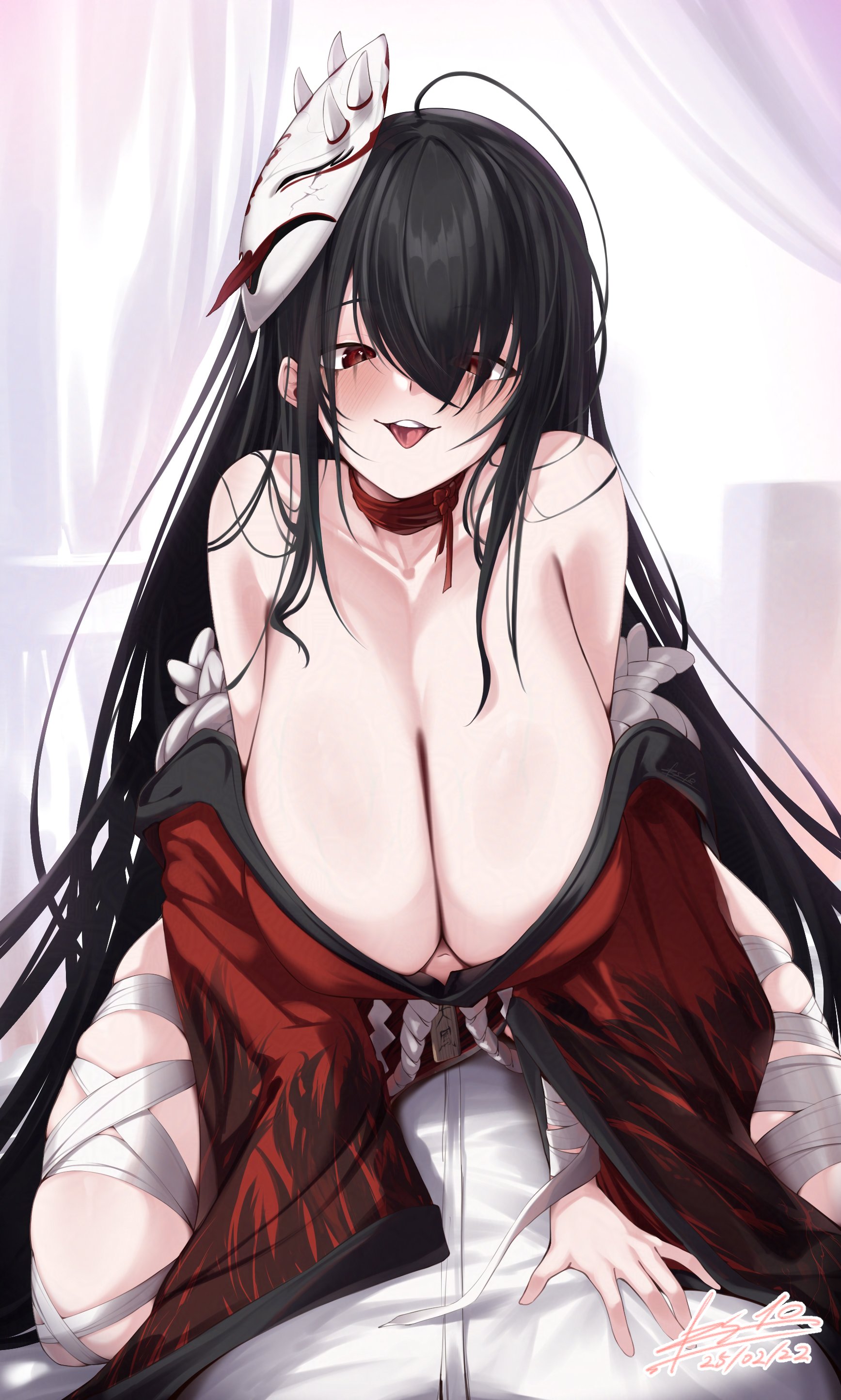 esto 0079, taihou (azur lane), azur lane, 1girl, antenna hair, black hair, blush, breasts, choker, cleavage, dated, hair between eyes, huge breasts, japanese clothes, kimono, leaning forward, leg wrap, long hair, mask, mask on head, naughty face, navel, neck ribbon, obi, off-shoulder kimono, open mouth, red choker, red eyes, red kimono, red ribbon, ribbon, sash, signature, sitting, sitting on person, skindentation, smile, straddling, tongue, tongue out, very long hair