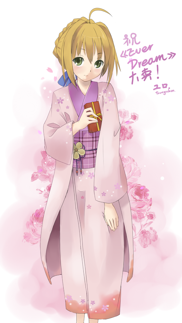 33puruspa, artoria pendragon (fate), saber (fate), fate/stay night, fate (series), bad id, bad pixiv id, 00s, 1girl, ahoge, alternate costume, blonde hair, female focus, green eyes, hair ribbon, japanese clothes, kimono, pink kimono, ribbon, solo, yukata