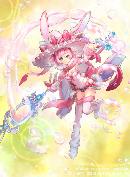 ori simo, tawil (wixoss), wixoss, official art, 1girl, animal ears, aqua eyes, boots, bow, bowtie, breasts, bubble, cape, copyright notice, covered navel, detached sleeves, fur-trimmed cape, fur trim, gradient background, hat, hat bow, holding, holding staff, leotard, medium hair, pink bow, pink bowtie, pink hair, pink leotard, rabbit ears, small breasts, solo, staff, thigh boots, two side up, white boots, white cape, white hat