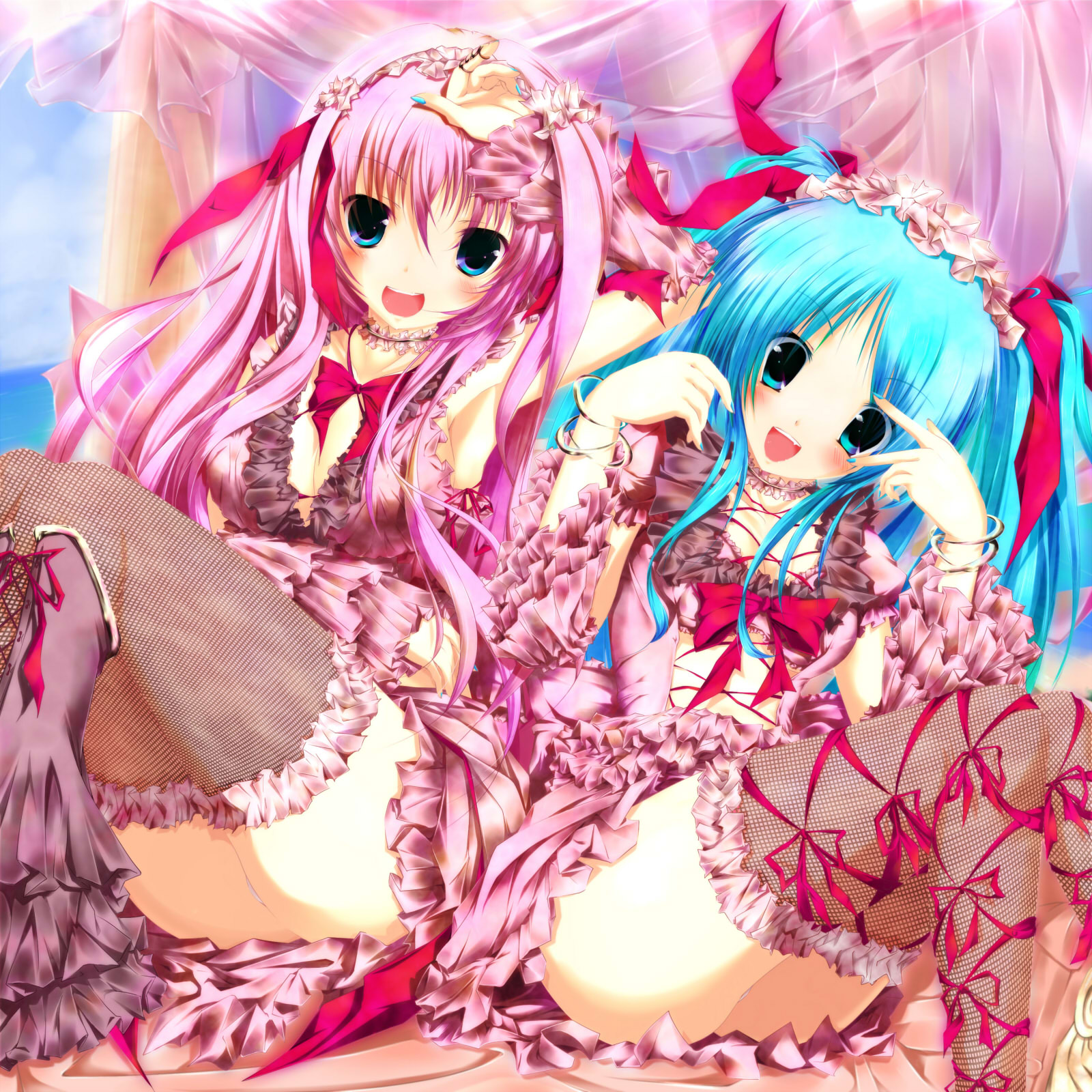 nironiro, hatsune miku, megurine luka, vocaloid, fishnet legwear, bad id, bad pixiv id, highres, 2girls, blue eyes, blue hair, bow, bracelet, fishnets, frills, hairband, jewelry, long hair, multiple girls, open mouth, pink hair, ribbon, sitting, thighhighs