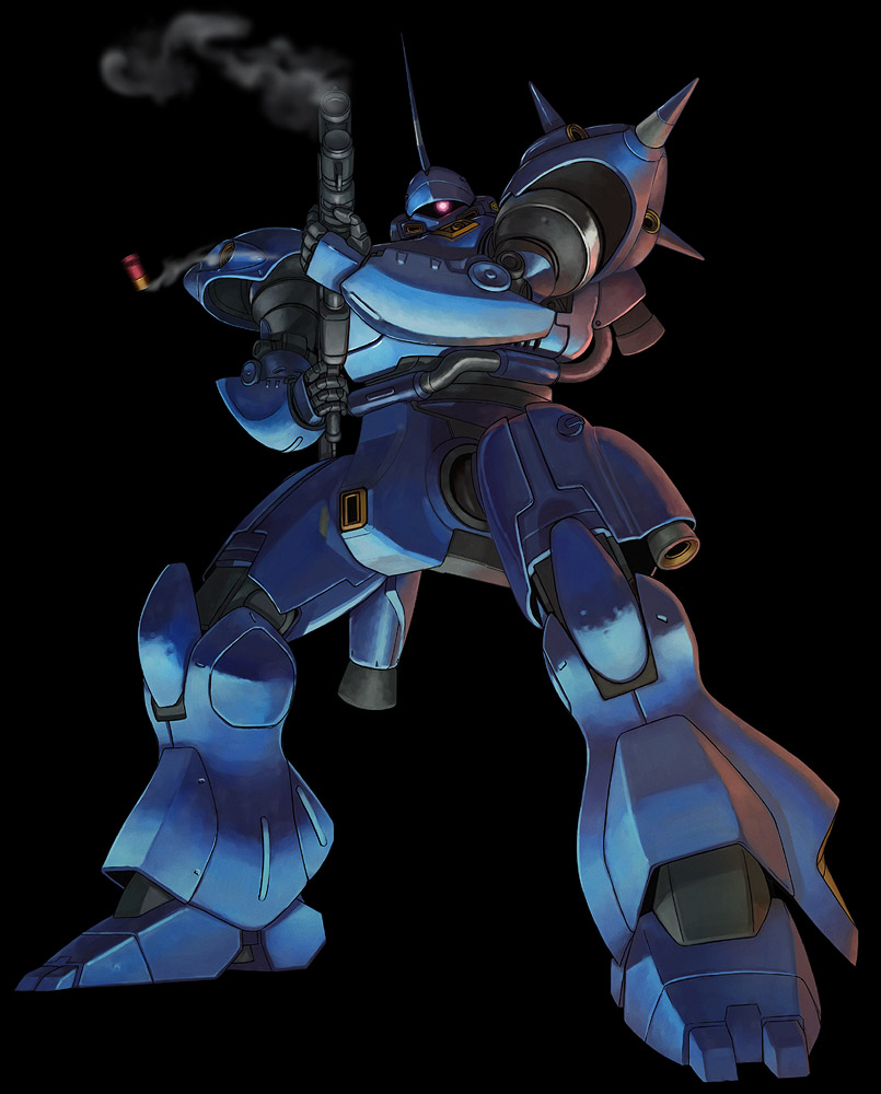 itou (onsoku tassha), kampfer (mobile suit), gundam, gundam 0080, 1980s (style), gun, mecha, no humans, oldschool, retro artstyle, robot, shell casing, shotgun, simple background, smoke, solo, weapon