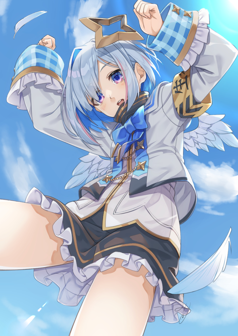 miri (ago550421), amane kanata, amane kanata (1st costume), hololive, commentary request, 1girl, aiguillette, angel wings, armband, black skirt, blue bow, blue bowtie, blue hair, blue sky, bob cut, bow, bowtie, colored inner hair, cropped jacket, day, falling feathers, feathered wings, feathers, frilled skirt, frills, from below, grey hair, grey jacket, hair over one eye, halo, hands up, jacket, long sleeves, looking at viewer, mini wings, miniskirt, multicolored hair, open mouth, outdoors, pink hair, purple eyes, sailor collar, shirt, short hair, single hair intake, skirt, sky, sleeve cuffs, sleeves past wrists, solo, star halo, streaked hair, teeth, tilted halo, upper teeth only, virtual youtuber, white sailor collar, white shirt, white wings, wings