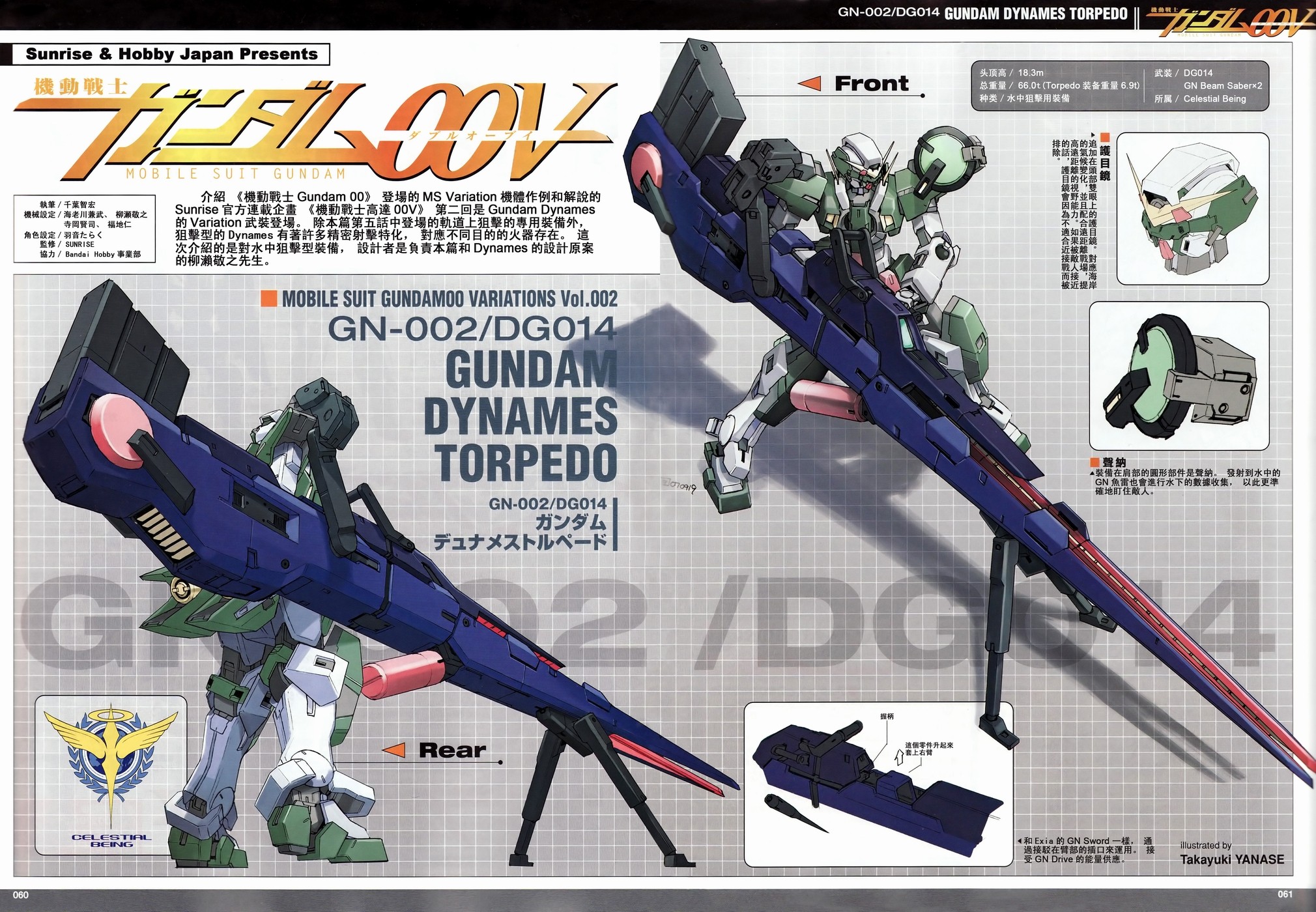 yanase takayuki, dynames, gundam dynames, gundam, gundam 00, gundam 00v, highres, translation request, 00s, armor, arrow (symbol), bullpup, copyright name, emblem, full body, gun, holding, holding gun, holding weapon, huge weapon, letterboxed, mecha, multiple views, no humans, robot, standing, text focus, weapon