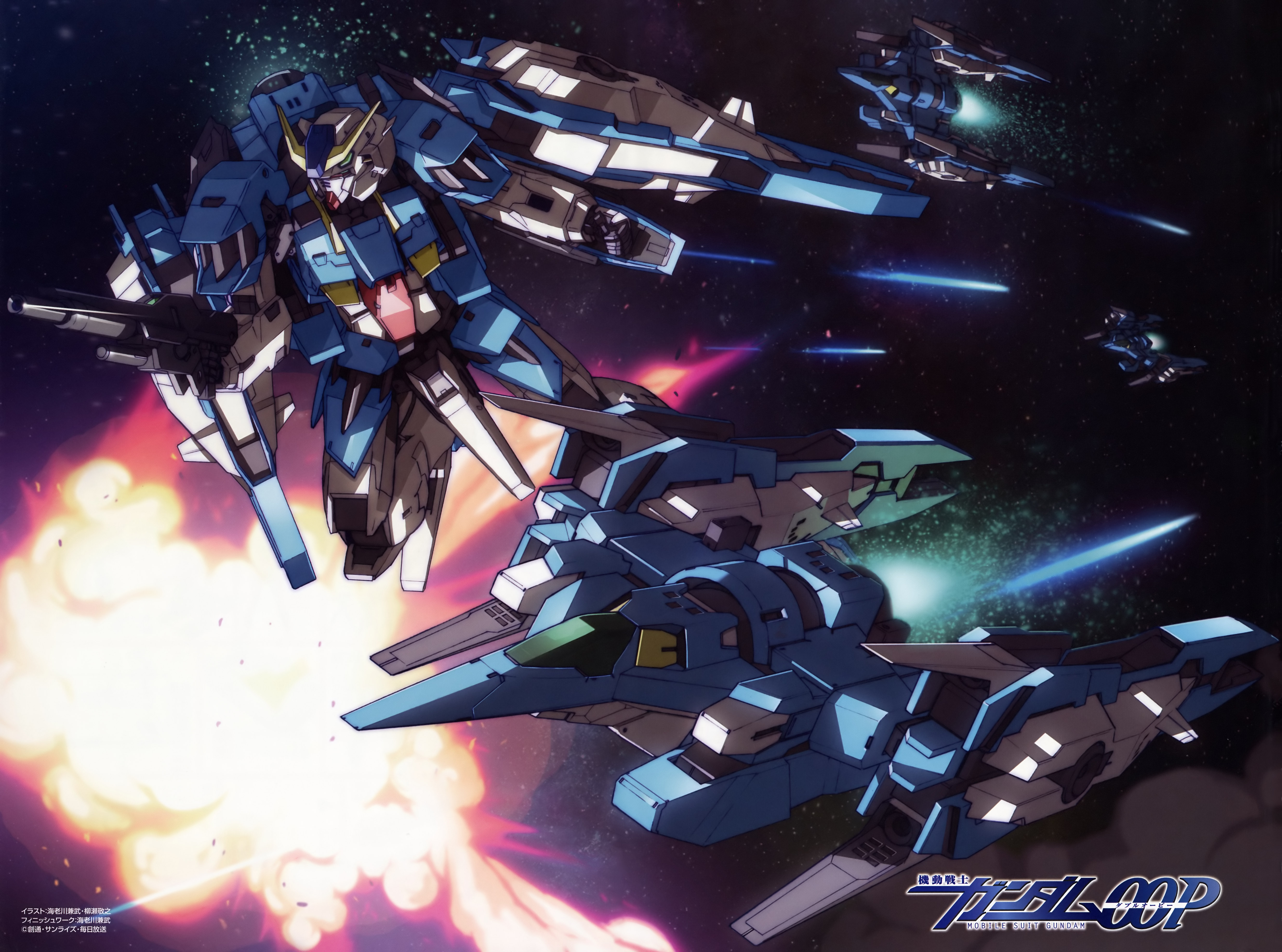 ebikawa kanetake, yanase takayuki, gundam rasiel, rasiel, sefer, gundam, gundam 00, gundam 00p, turret, absurdres, highres, 00s, armor, explosion, fire, flying, laser, mecha, no humans, robot, smoke, space