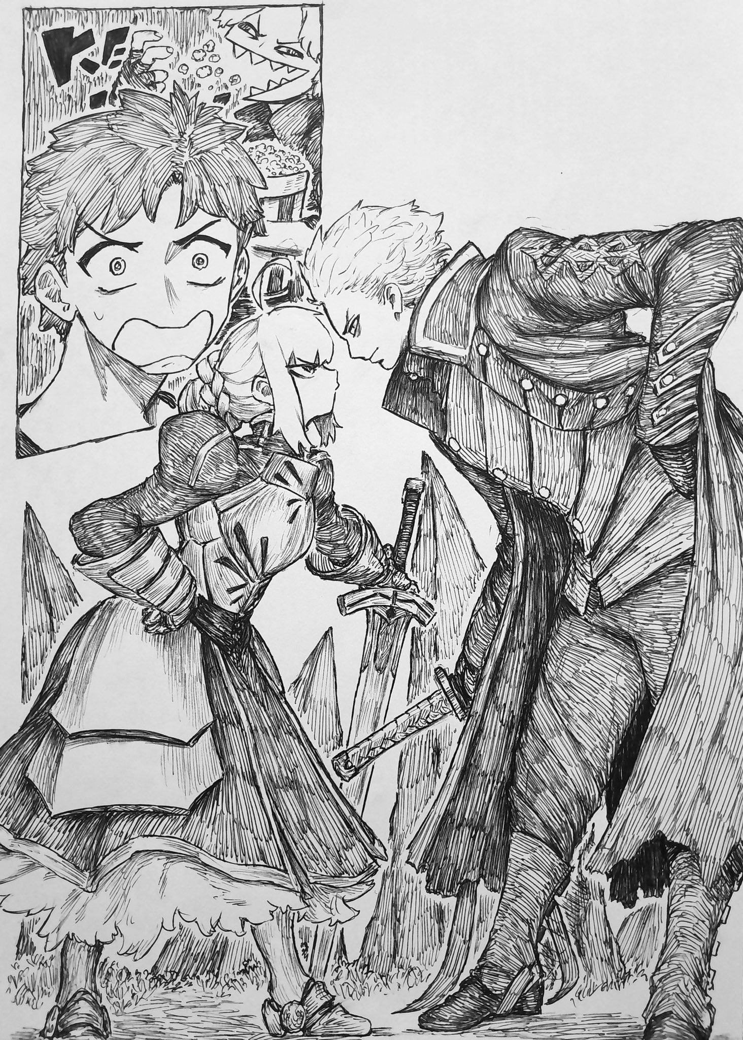 chronozbergh, artoria pendragon (fate), dante (devil may cry), emiya shirou, saber (fate), vergil (devil may cry), devil may cry (series), devil may cry 5, fate/stay night, fate (series), highres, 1girl, 3boys, ahoge, armor, armored dress, blonde hair, blue coat, blue eyes, braid, braided bun, bun with braided base, coat, crossover, dress, excalibur (fate/stay night), faulds, fingerless gloves, gauntlets, gloves, green eyes, hair bun, hair ribbon, hair slicked back, holding, holding sheath, holding sword, holding weapon, katana, long sleeves, multiple boys, red hair, ribbon, sheath, short hair, sword, weapon, white hair, yamato (sword)