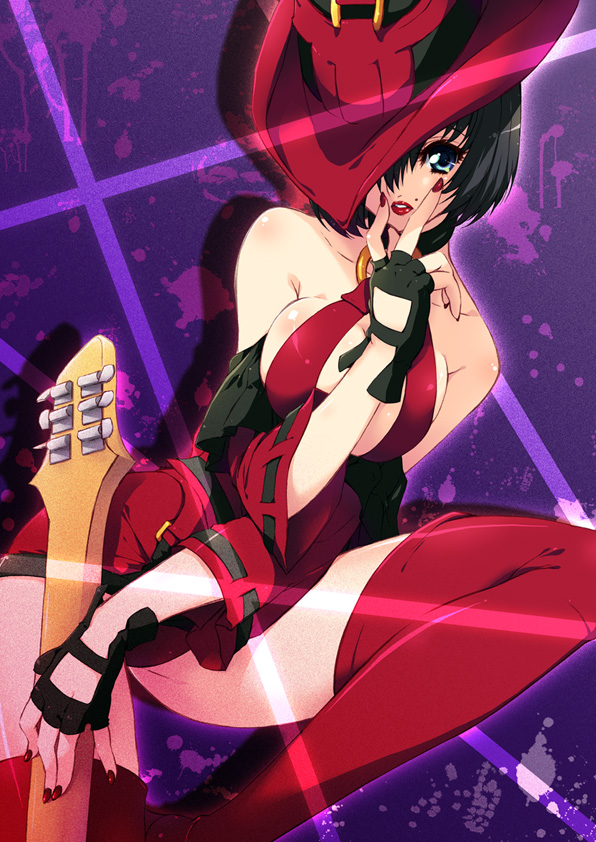 aki, pandaki (aki), i-no, arc system works, guilty gear, 1girl, bare shoulders, black hair, blue eyes, boots, breasts, breasts squeezed together, cleavage, dress, female focus, fingerless gloves, gloves, guitar, hat, instrument, lipstick, makeup, mole, nail polish, purple background, red boots, red dress, red hat, red lips, red nails, red skirt, short hair, skirt, solo, splatter, thigh boots, thighhighs, witch hat