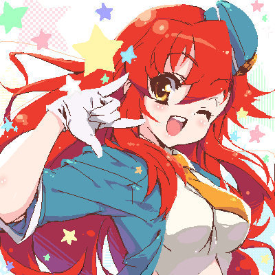 aki, pandaki (aki), yoko littner, macross, macross frontier, pieces of sweet stars, tengen toppa gurren lagann, lowres, flight attendant, garrison cap, gloves, hat, idol, long hair, m/, moe (phrase), necktie, oekaki, one eye closed, parody, red hair, seikan hikou, smile, star (symbol), travel attendant, wink, yellow eyes