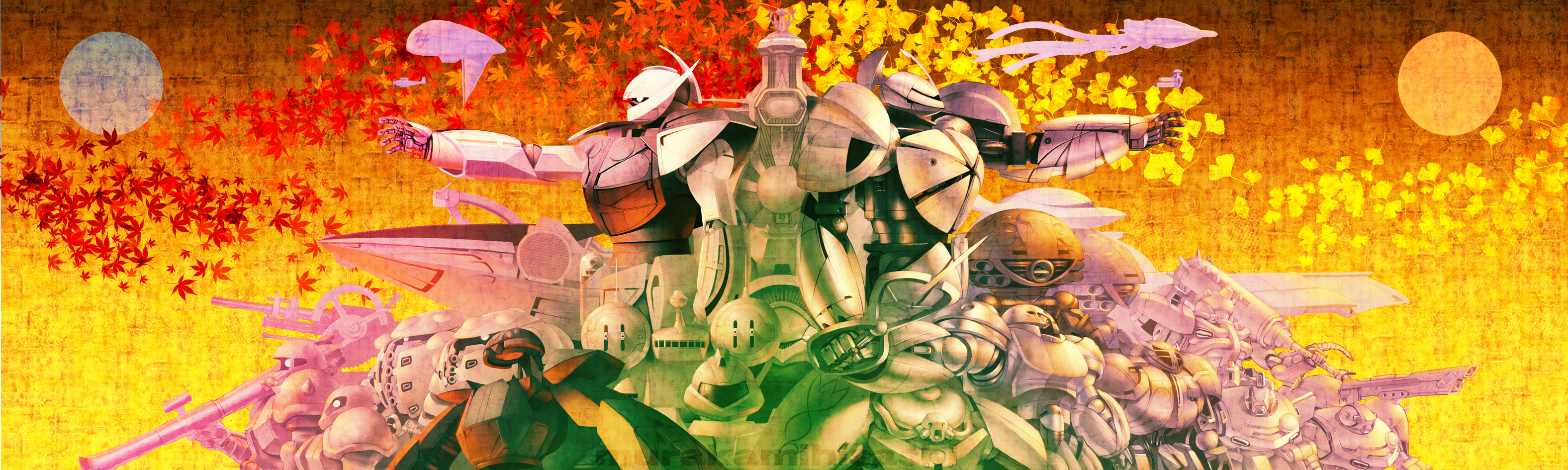 kapool, sumo (mobile suit), turn a gundam (mobile suit), turn x, zaku, zaku ii, gundam, turn a gundam, highres, long image, wide image, ginkgo leaf, holding, holding sword, holding weapon, leaf, mecha, orange background, robot, sword, weapon