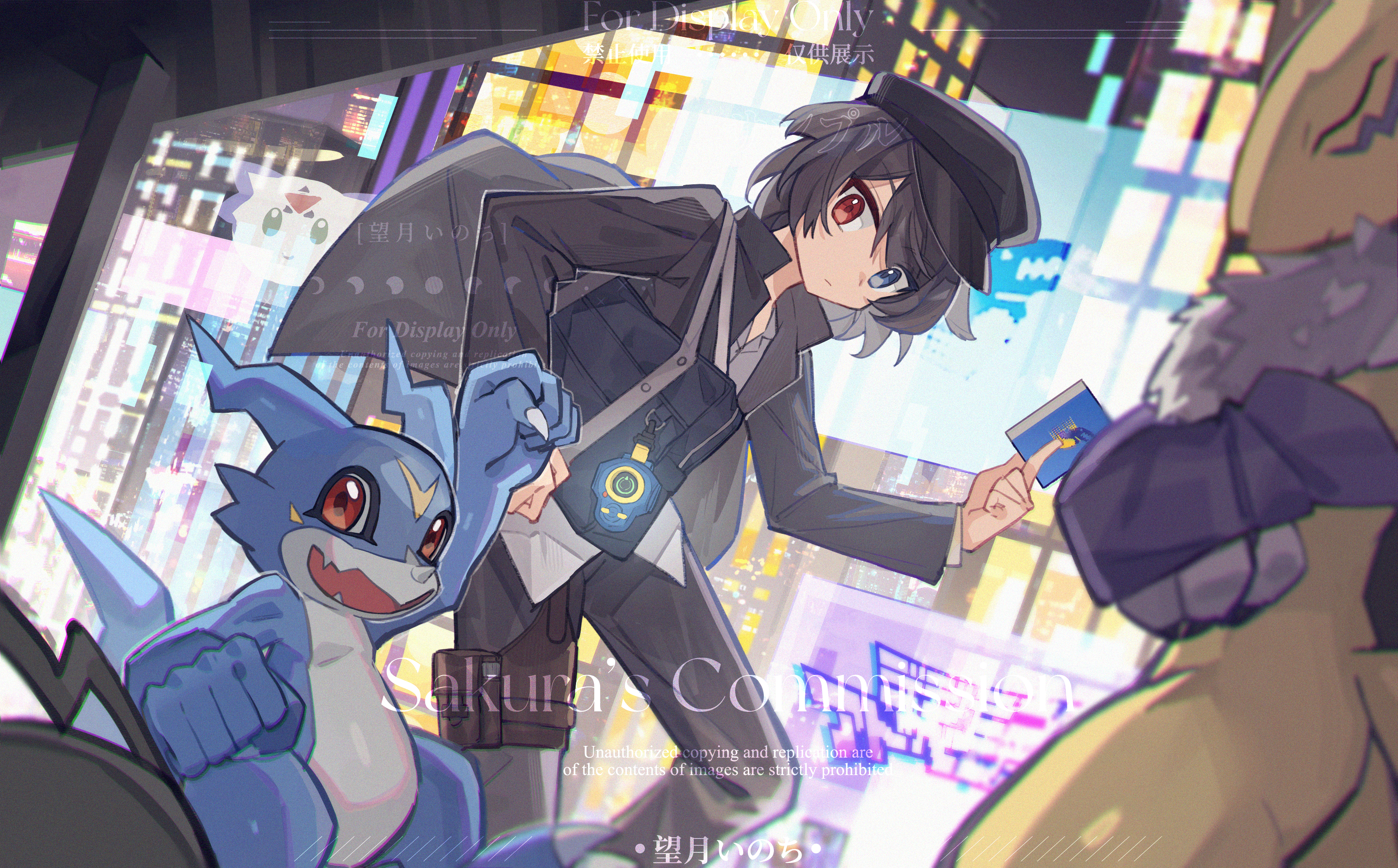 mochizuki inochi, renamon, v-mon, digimon, absurdres, highres, 1boy, :d, black hair, black hat, black jacket, black pants, blue eyes, card, closed mouth, digimon (creature), feet out of frame, hat, heterochromia, holding, holding card, jacket, long sleeves, male focus, open mouth, pants, red eyes, short hair, smile, standing, watermark