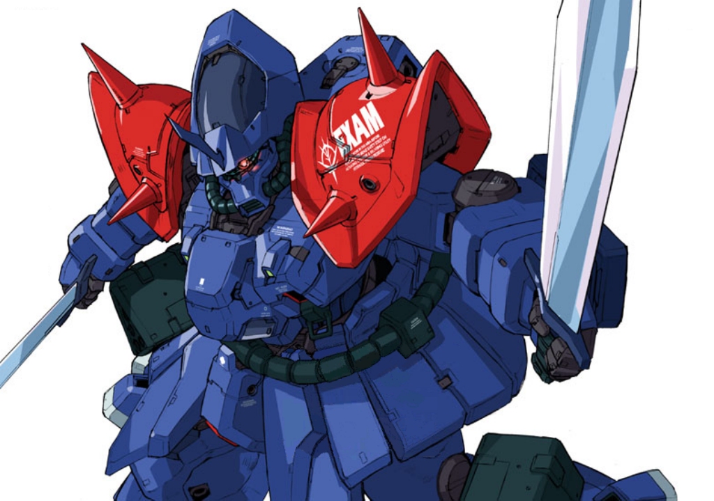 takayuki yanase, windfall, yanase takayuki, efreet custom, gundam, gundam side story: the blue destiny, jpeg artifacts, mecha, no humans, robot, sword, weapon
