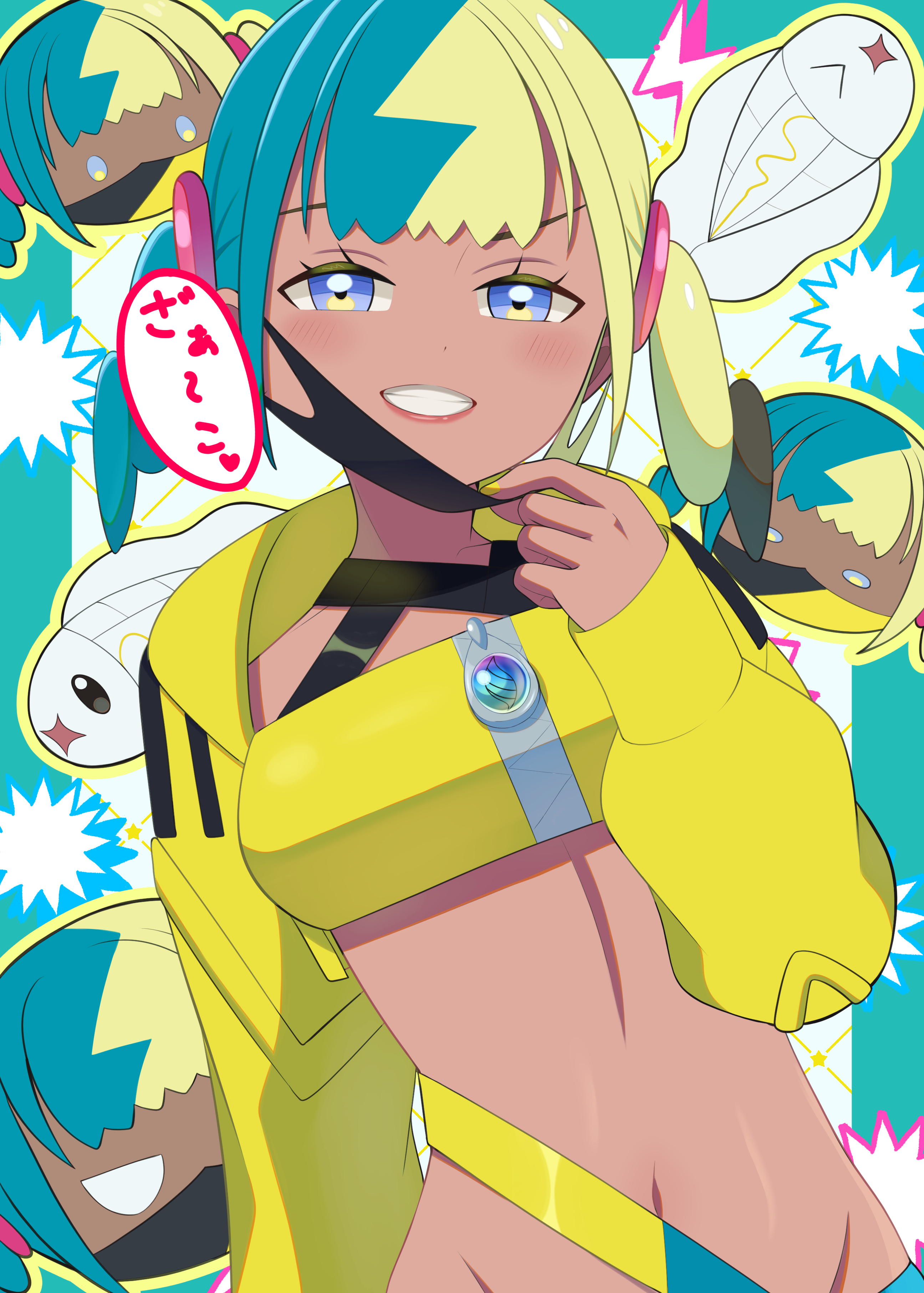nemunemu 0826, canari (pokemon), tynamo, nintendo, pokemon, pokemon legends: z-a, absurdres, commentary request, highres, translation request, 1girl, bandeau, blue eyes, cropped jacket, eyelashes, gen 5 pokemon, grin, jacket, long sleeves, looking at viewer, mask, mask pull, mouth mask, multicolored hair, multiple views, navel, open clothes, open jacket, pokemon (creature), short twintails, sleeves past wrists, smile, speech bubble, teeth, twintails, yellow bandeau, yellow jacket, zipper pull tab