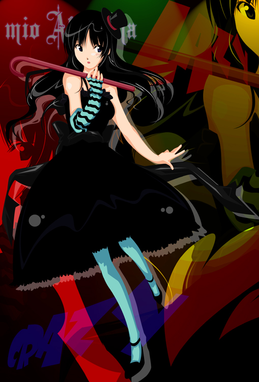akaho sakura, akiyama mio, don't say "lazy", k-on!, 00s, 1girl, blue pantyhose, blunt bangs, cane, dress, female focus, hat, hime cut, mini hat, mini top hat, pantyhose, solo, top hat