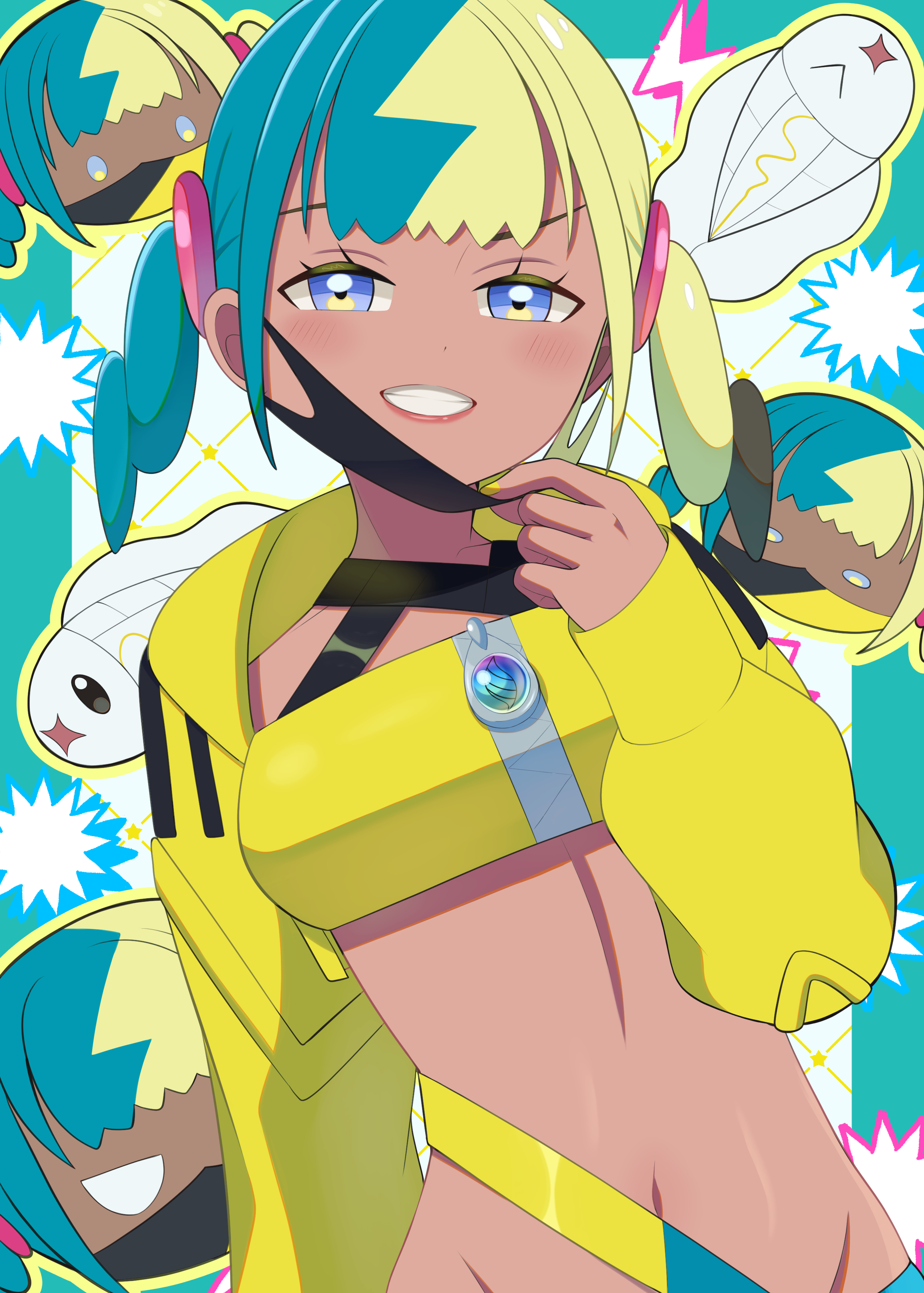 nemunemu 0826, canari (pokemon), tynamo, nintendo, pokemon, pokemon legends: z-a, absurdres, commentary request, highres, textless version, 1girl, bandeau, blue eyes, cropped jacket, eyelashes, gen 5 pokemon, grin, jacket, long sleeves, looking at viewer, mask, mask pull, mouth mask, multicolored hair, multiple views, navel, open clothes, open jacket, pokemon (creature), short twintails, sleeves past wrists, smile, teeth, twintails, yellow bandeau, yellow jacket, zipper pull tab