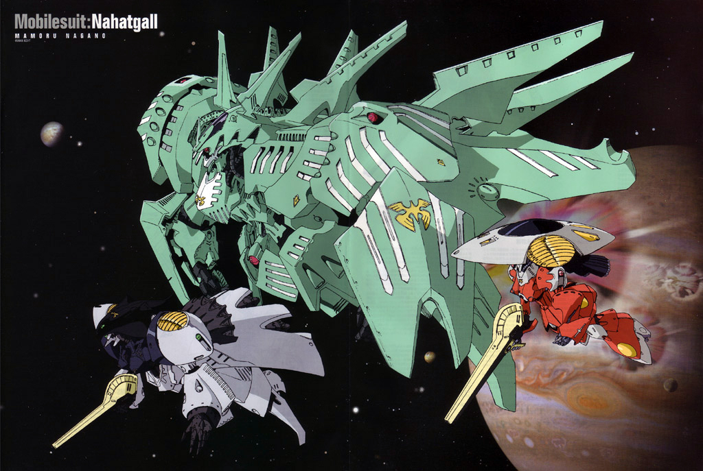 nagano mamoru, hachicca, hamma hamma, nahatgall, gundam, newtype, annotated, non-web source, emblem, flying, from side, full body, gun, holding, holding gun, holding weapon, mecha, no humans, planet, robot, space, weapon