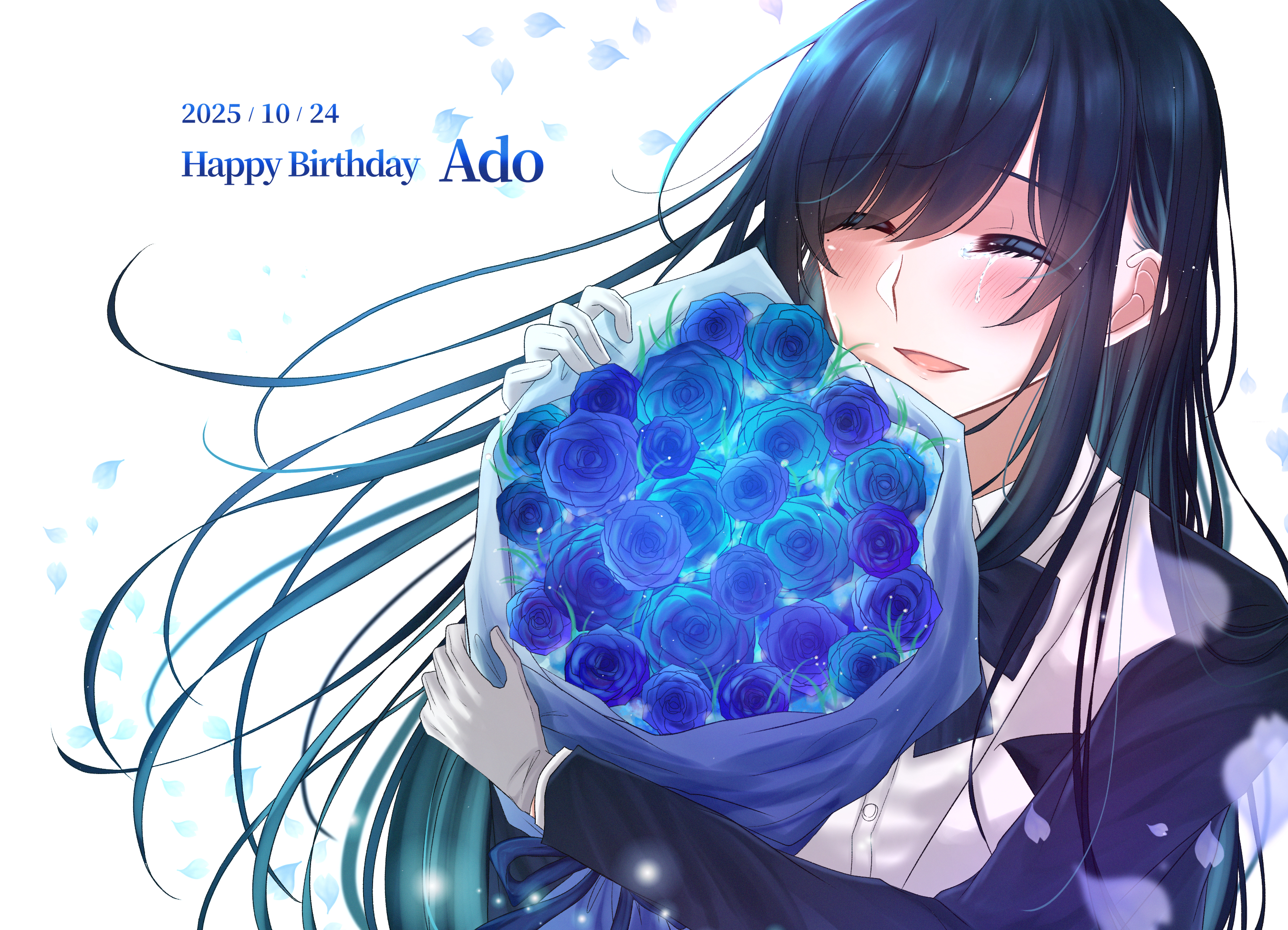 shoko (gs music11), chando (ado), ado (utaite), commentary, highres, 1girl, black hair, blue flower, blue hair, blue rose, blush, bouquet, colored inner hair, crying, dated, dress shirt, english text, falling flower, floating hair, flower, gloves, happy birthday, holding, holding bouquet, long hair, mole, mole under eye, multicolored hair, open mouth, rose, shirt, sideways, simple background, solo, white background, white gloves, white shirt