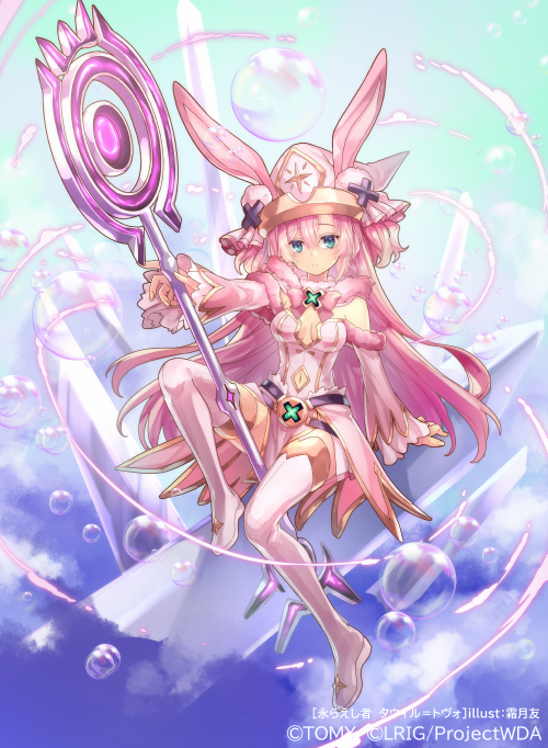 ori simo, tawil (wixoss), wixoss, official art, 1girl, animal ears, aqua eyes, boots, bubble, clothing cutout, copyright notice, detached sleeves, dress, gold trim, hat, holding, holding staff, long hair, navel, navel cutout, pink boots, pink dress, pink hair, pink hat, rabbit ears, solo, staff, thigh boots, two side up