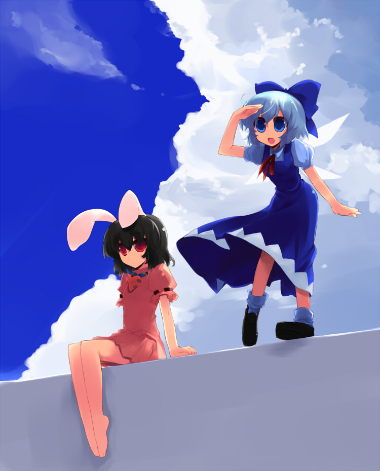 shin (new), cirno, inaba tewi, touhou, 2girls, animal ears, barefoot, blue eyes, cloud, day, female focus, multiple girls, rabbit ears, red eyes, ribbon, short hair, sky, wings