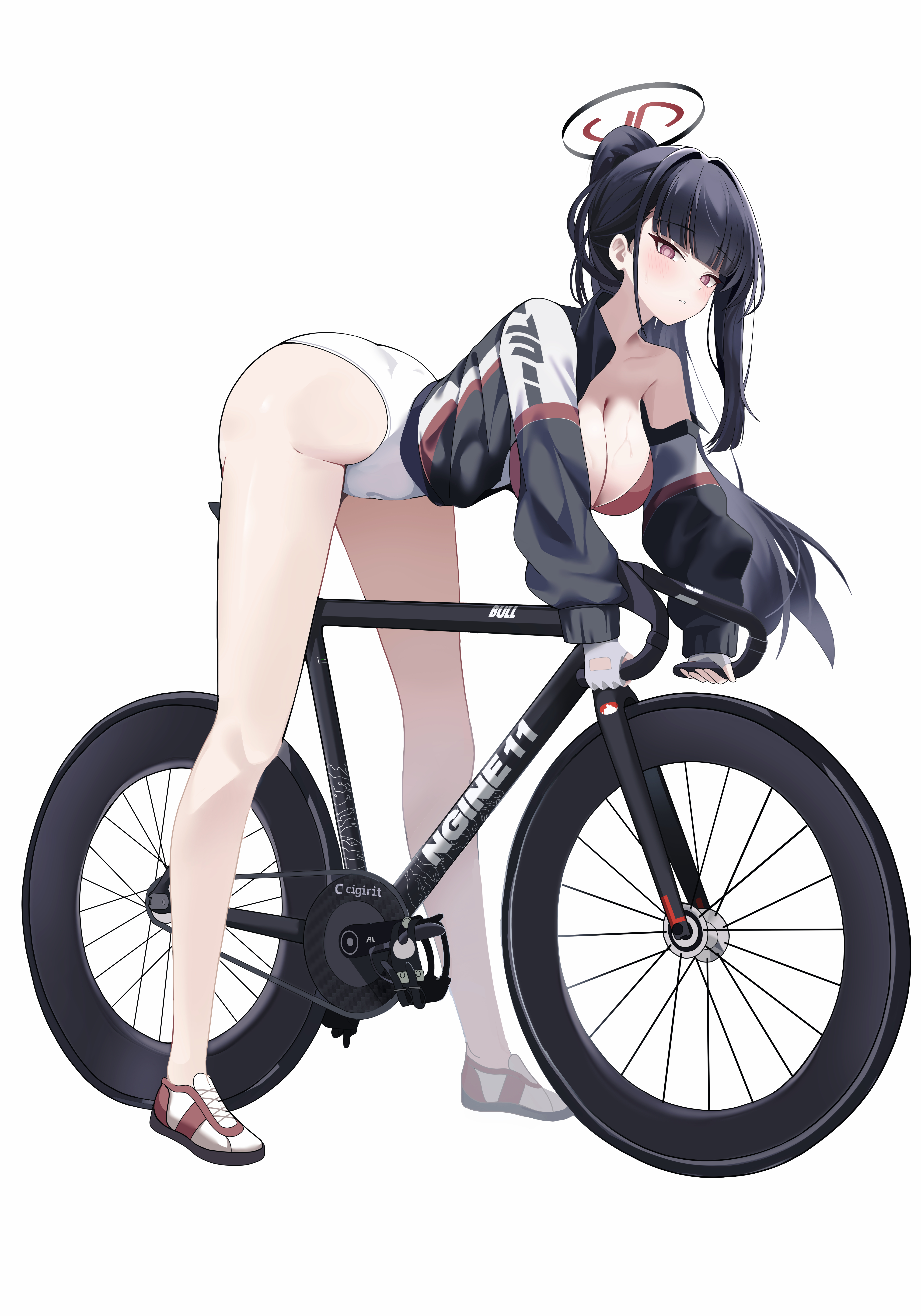 cran berrie, rio (blue archive), blue archive, absurdres, commentary request, highres, korean commentary, 1girl, bent over, bicycle, black hair, blunt bangs, fingerless gloves, gloves, halo, jacket, leotard, long hair, purple eyes, shoes, simple background, sneakers, sweat, white background, white gloves