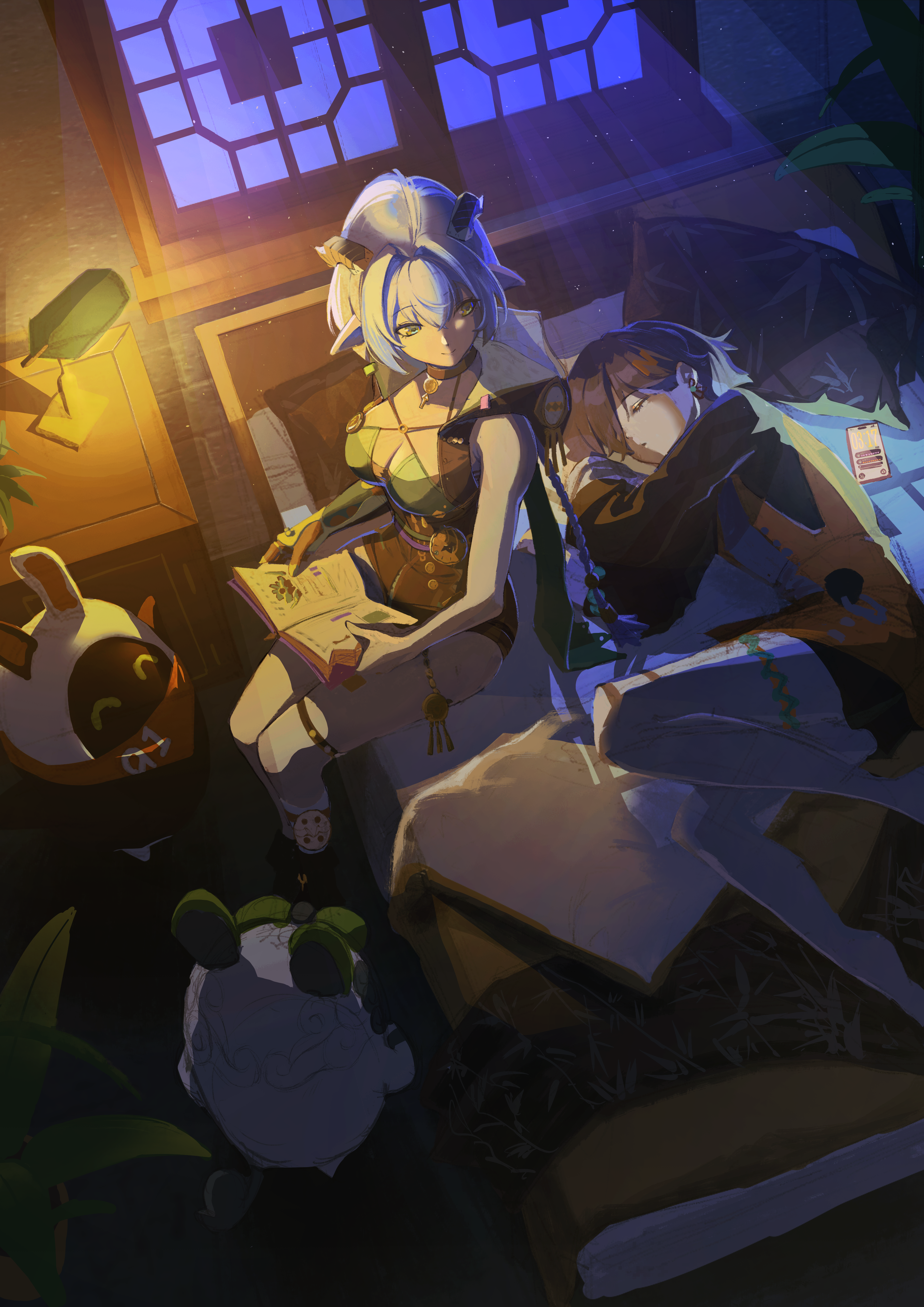bangboo (zenless zone zero), belle (delicate sunlight) (zenless zone zero), belle (zenless zone zero), eous (zenless zone zero), lucia elowen, zenless zone zero, braided twintails, absurdres, commentary request, highres, 2girls, 2others, accessories, animal ears, bandana, bandana around neck, bed, beizi (clothing), belion (zenless zone zero), bell, black boots, black horns, black unitard, blanket, blue hair, book, boots, bra, braid, breasts, cellphone, chinese clothes, choker, closed eyes, earrings, from above, goat ears, goat girl, goat horns, goat tail, green bra, hair bell, hair between eyes, hair ornament, hair over one eye, holding, holding book, hood, horizontal pupils, horns, indoors, jewelry, key, key choker, knee strap, lamp, letter hair ornament, long hair, looking at another, lying, medallion, medium breasts, multiple girls, multiple others, night, night sky, official alternate costume, on bed, on side, open mouth, orange bandana, pantyhose, phone, pillow, plant, pointy ears, potted plant, short hair, single bare shoulder, single sleeve, sitting, sky, sleeping, smile, tail, thigh strap, twintails, um4yd, underwear, white pantyhose, window