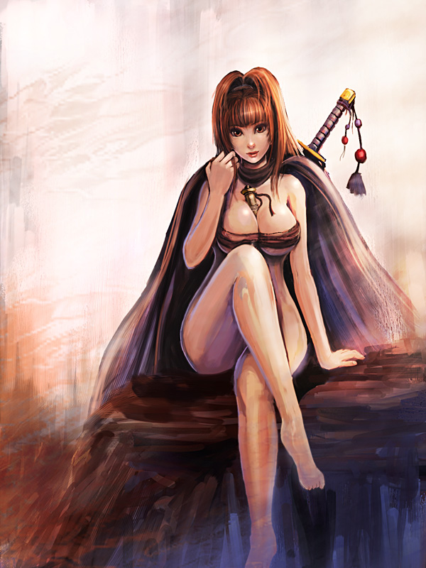 bccp, pixiv fantasia, pixiv fantasia 3, 1girl, akatsuhara empire, barefoot, between breasts, bottomless, breasts, cape, cleavage, crossed legs, feet, female focus, large breasts, legs, red hair, sitting, solo, sword, thighs, underboob, weapon