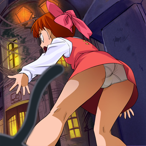 haruyama kazunori, nekomusume, gegege no kitarou, toei company, lowres, 1girl, ass, blouse, bow, butt crack, dress, female focus, flat chest, hair bow, leaning forward, loli, panties, pantyshot, pink bow, red dress, red skirt, shirt, skirt, solo, standing, trefoil, underwear, upskirt, white panties