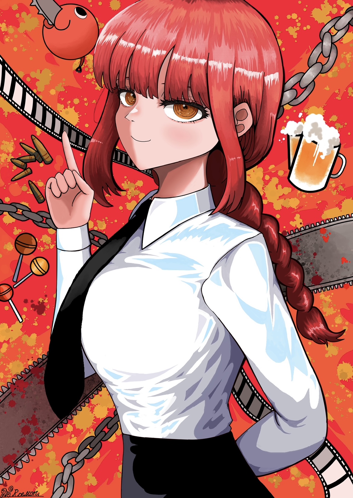 makima (chainsaw man), pochita (chainsaw man), chainsaw man, commentary request, highres, 1girl, alcohol, arm behind back, beer, black necktie, braid, breasts, bullet, candy, chainsaw, food, large breasts, lollipop, long hair, looking at viewer, necktie, orange eyes, red hair, ringed eyes, roemon, smile, solo