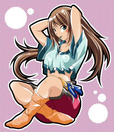 akaho sakura, lowres, 1girl, adjusting hair, arms up, blue eyes, blush, brown hair, female focus, green eyes, hair ornament, hairclip, long hair, mouth hold, simple background, socks, solo