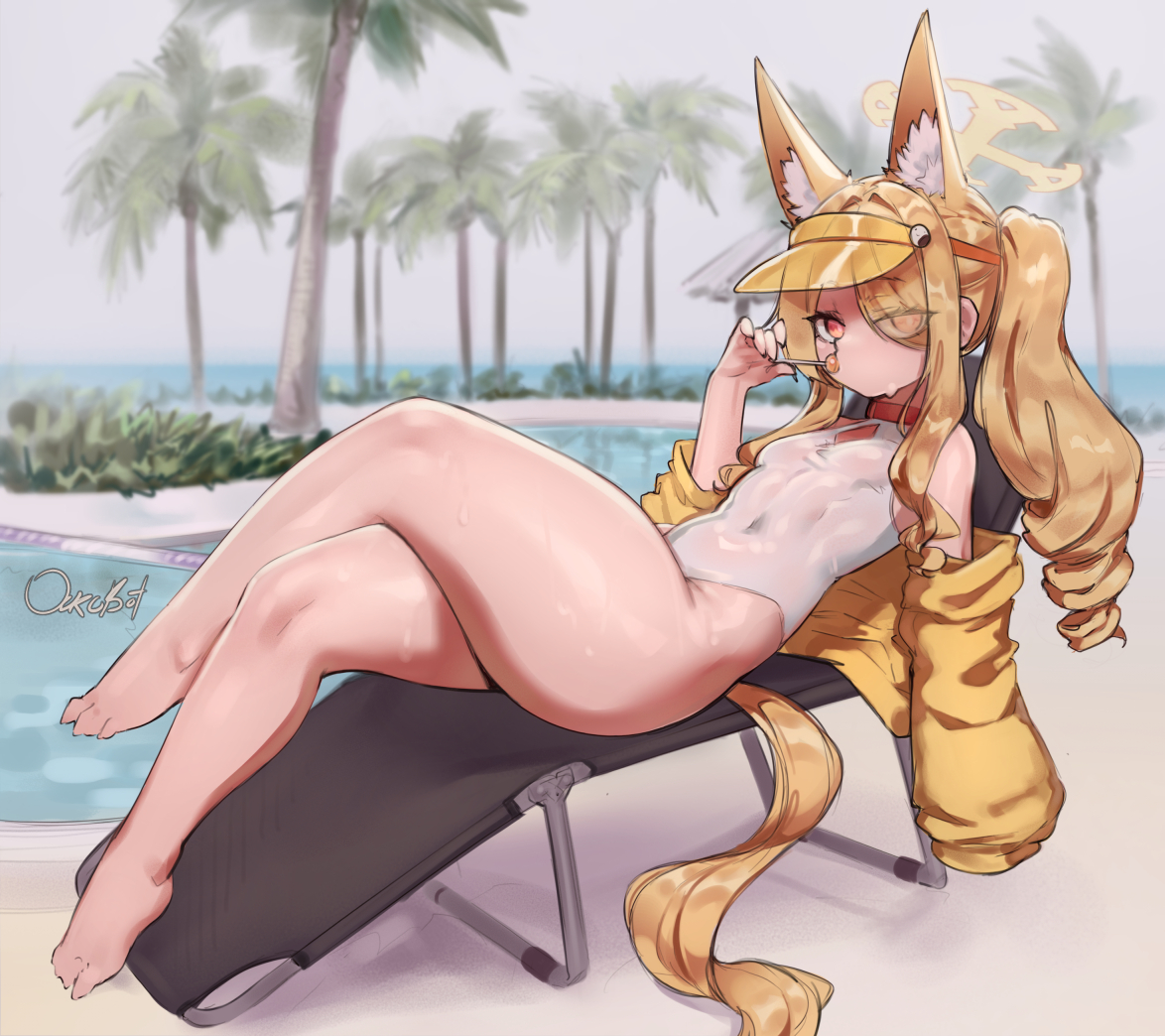 ourobot, seia (blue archive), seia (swimsuit) (blue archive), blue archive, 1girl, above-cleavage cutout, animal ear fluff, animal ears, blonde hair, breasts, candy, clothing cutout, cross halo, crossed legs, diamond cutout, food, fox ears, fox girl, halo, highleg, highleg one-piece swimsuit, jacket, lollipop, long hair, official alternate costume, official alternate hairstyle, one-piece swimsuit, palm tree, pool, poolside, shiny clothes, shiny skin, side ponytail, sitting, small breasts, solo, sweat, swimsuit, thick thighs, thighs, tree, visor cap, white one-piece swimsuit, yellow halo, yellow jacket, yellow visor