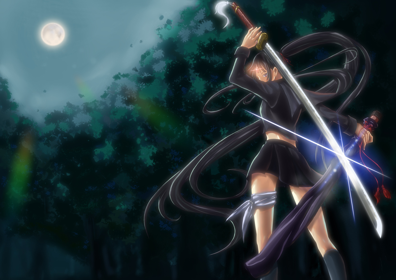 koushaku (pixiv), isayama yomi, ga-rei, ga-rei zero, 00s, black hair, forest, huge weapon, katana, large weapon, long hair, long sword, moon, nature, ootachi, ponytail, purple eyes, school uniform, serafuku, skirt, socks, solo, sword, tree, very long hair, weapon