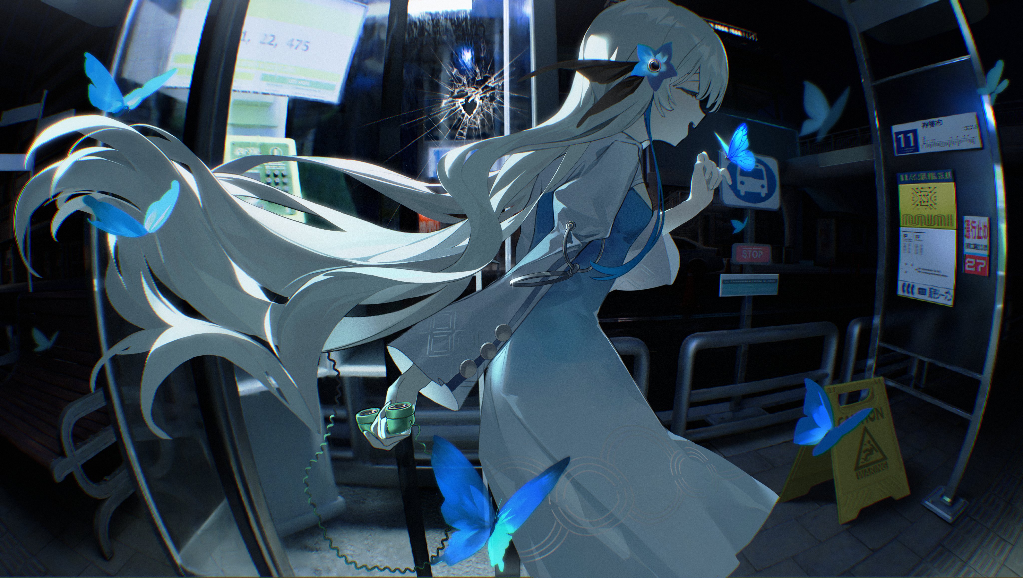 meng ge 3 (565571710), isekaijoucho, kamitsubaki studio, absurdres, highres, 1girl, blue butterfly, blue dress, blue flower, blue hair, broken glass, bug, butterfly, closed eyes, dress, floating hair, flower, from side, glass, gradient clothes, gradient dress, hair flower, hair ornament, holding, insect, long hair, long sleeves, multicolored hair, open mouth, profile, smile, solo, two-tone dress, two-tone hair, very long hair, virtual youtuber, white dress, white hair