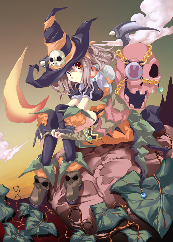 akaho sakura, original, 1girl, female focus, hat, plant, purple hair, sitting, skull, solo, vines, witch hat, yellow eyes