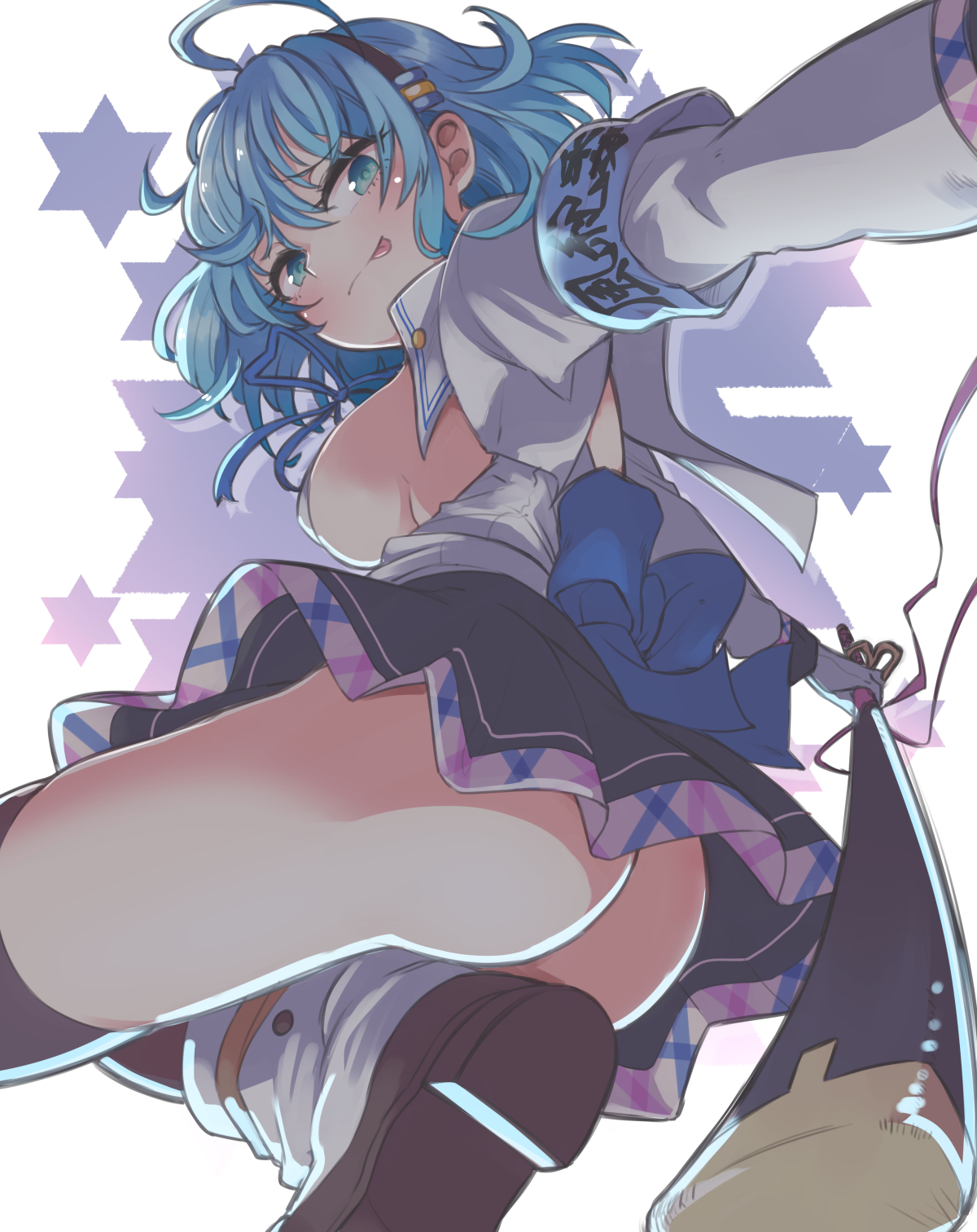 ishii takuma, onabuta ikuko, nukigee mitai na shima ni sunderu watashi wa dou surya ii desu ka?, highres, 1girl, ass, black skirt, black thighhighs, blue eyes, blue hair, breasts, covered erect nipples, holding, holding sword, holding weapon, looking at viewer, looking back, short hair, simple background, skirt, smile, solo, sword, thighhighs, weapon, white background