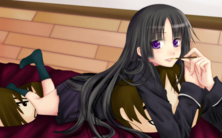 han ten mu, miniyu, isayama yomi, ga-rei, ga-rei zero, 00s, 1girl, black hair, black serafuku, blunt bangs, blush, eating, female focus, food, hime cut, long hair, pocky, purple eyes, school uniform, serafuku, skirt, socks, solo, very long hair