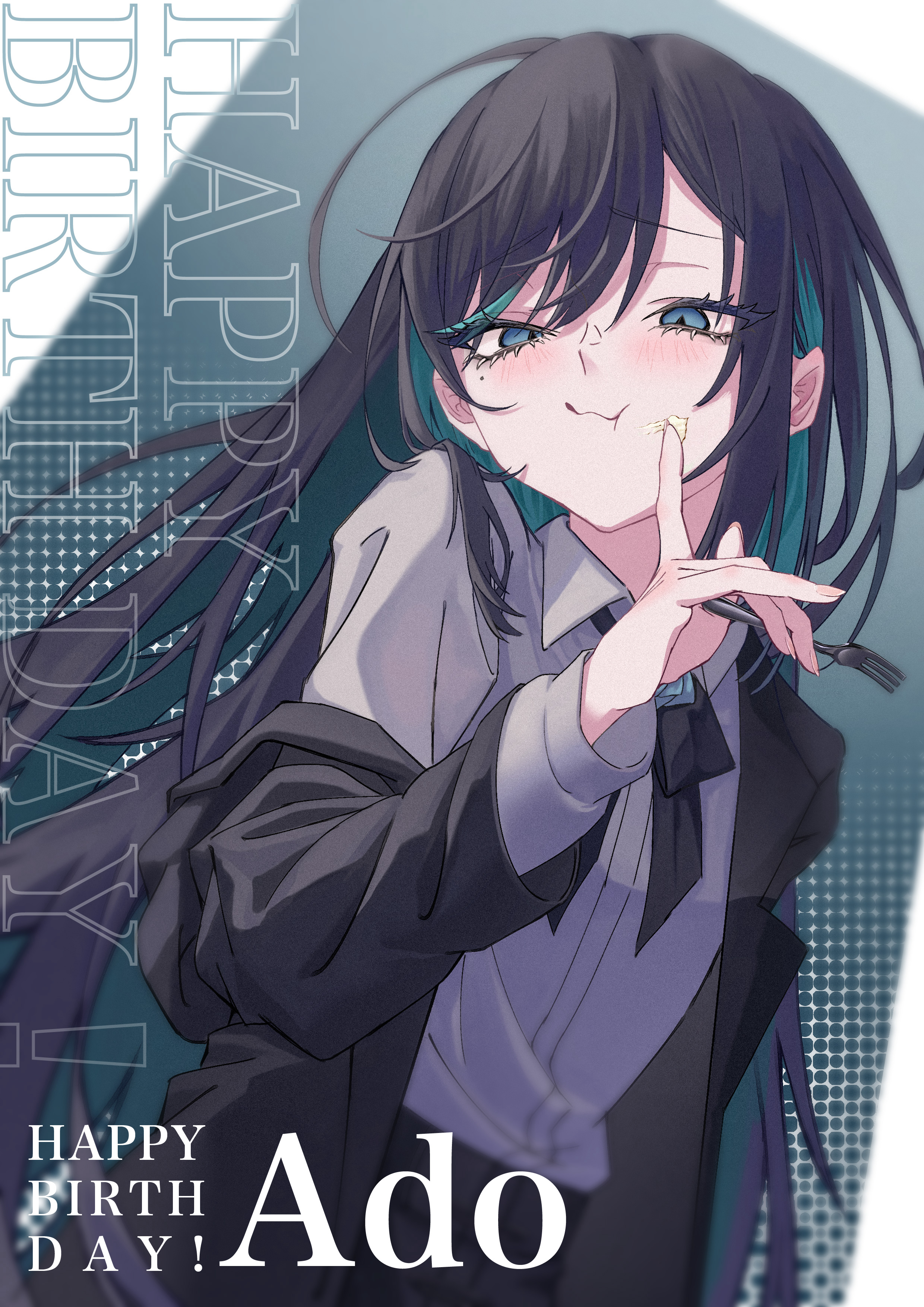 chando (ado), ado (utaite), absurdres, commentary, english commentary, highres, 1girl, altruist 0722, black bow, black bowtie, black coat, black hair, blue eyes, blue hair, blush, bow, bowtie, character name, closed mouth, coat, collared shirt, colored inner hair, dress shirt, food, food on face, fork, happy birthday, holding, holding fork, long hair, mole, mole under eye, multicolored hair, open clothes, open coat, shirt, solo, utaite, white shirt