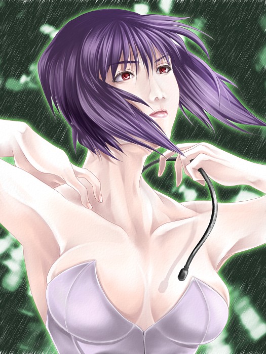 koni, kusanagi motoko, ghost in the shell, ghost in the shell: stand alone complex, bad id, bad pixiv id, 00s, 1girl, armpits, breasts, cable, cleavage, female focus, large breasts, lipstick, makeup, purple hair, red eyes, short hair, solo