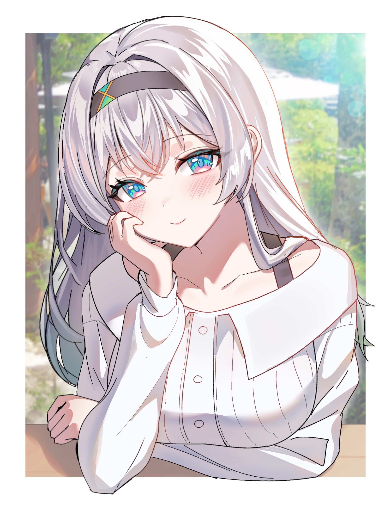 devl ga aru, firefly (honkai: star rail), honkai: star rail, honkai (series), highres, 1girl, alternate costume, aqua eyes, black hairband, blush, breasts, closed mouth, collarbone, gradient hair, green hair, grey hair, hair between eyes, hairband, hand on own cheek, hand on own face, long hair, long sleeves, looking at viewer, medium breasts, multicolored hair, shirt, smile, solo, white shirt