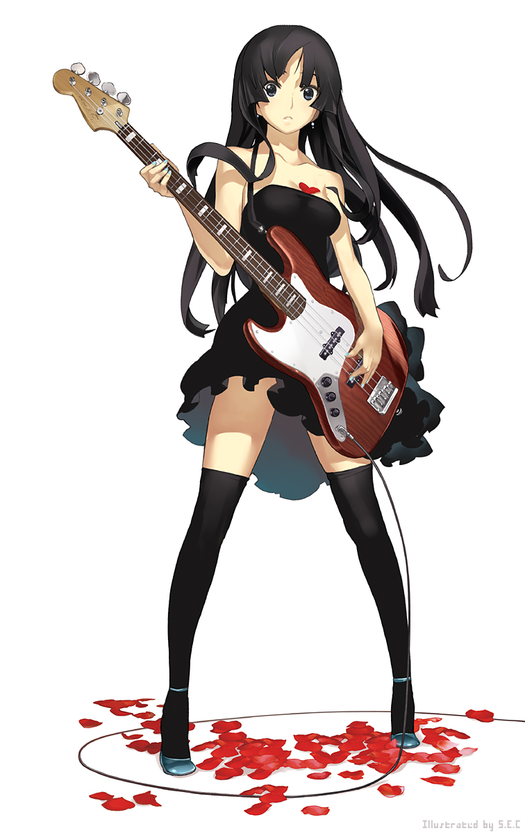 nagi ryou, akiyama mio, influence, k-on!, highres, 00s, 1girl, bare shoulders, bass guitar, black dress, black eyes, black hair, blue nails, blunt bangs, dress, earrings, female focus, flower, high heels, hime cut, instrument, jewelry, legs, long hair, nail polish, petals, rose petals, shoes, solo, thighhighs, zettai ryouiki
